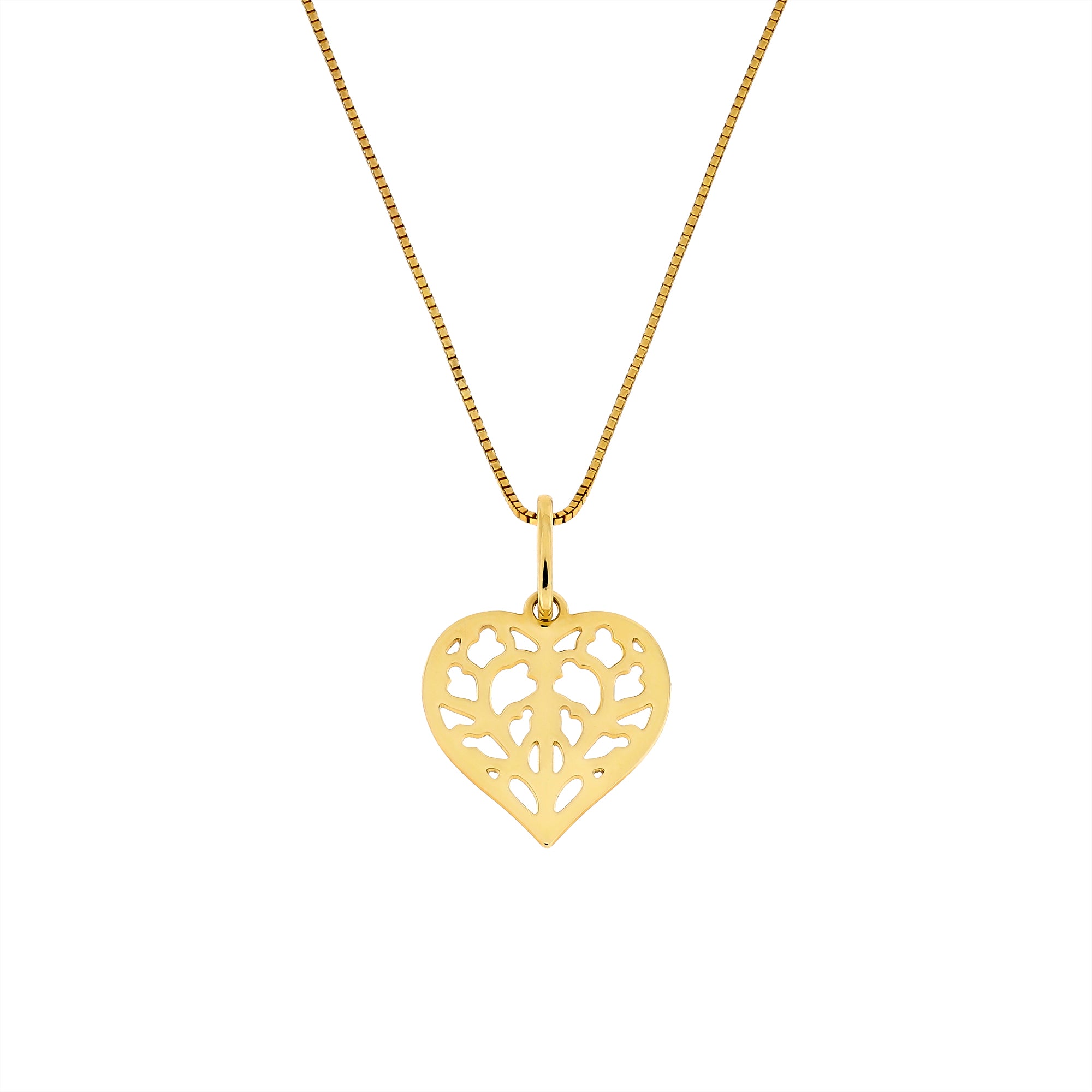 Delicately crafted 18ct yellow gold pendant with an openwork heart design inspired by York Minster, suspended from a fine, polished box chain for an elegant contemporary look.