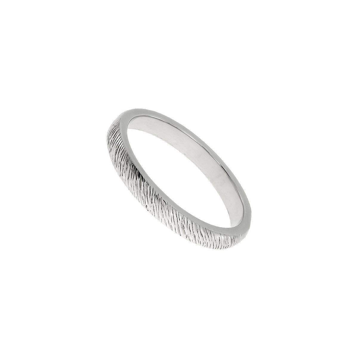 Slim sterling silver ring featuring diagonal textured detailing and a polished finish, showcasing refined craftsmanship by Azendi in a classic, versatile design.