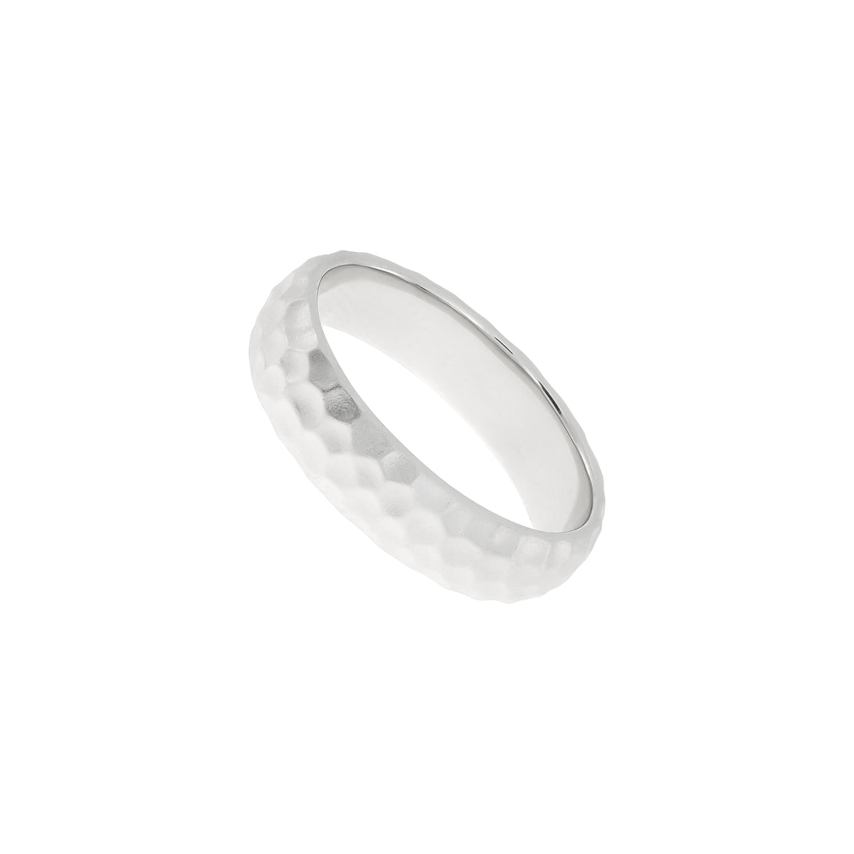 Sterling silver band ring with a satin hammered texture, showcasing a sculptural and contemporary design crafted by an award-winning British jeweller.