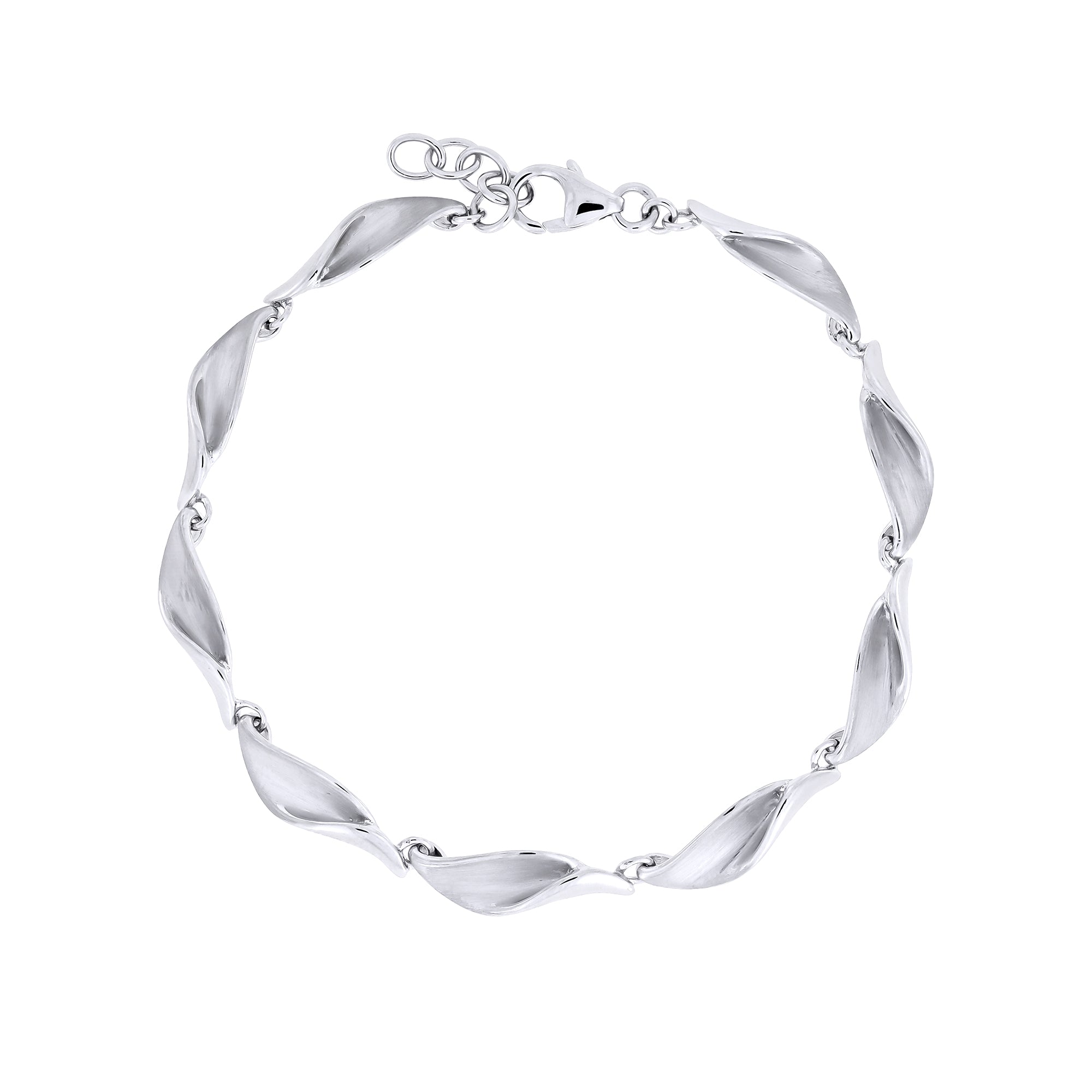 Sterling silver bracelet featuring a series of folded wave-shaped links with alternating satin and polished finishes, creating a fluid and sculptural design.