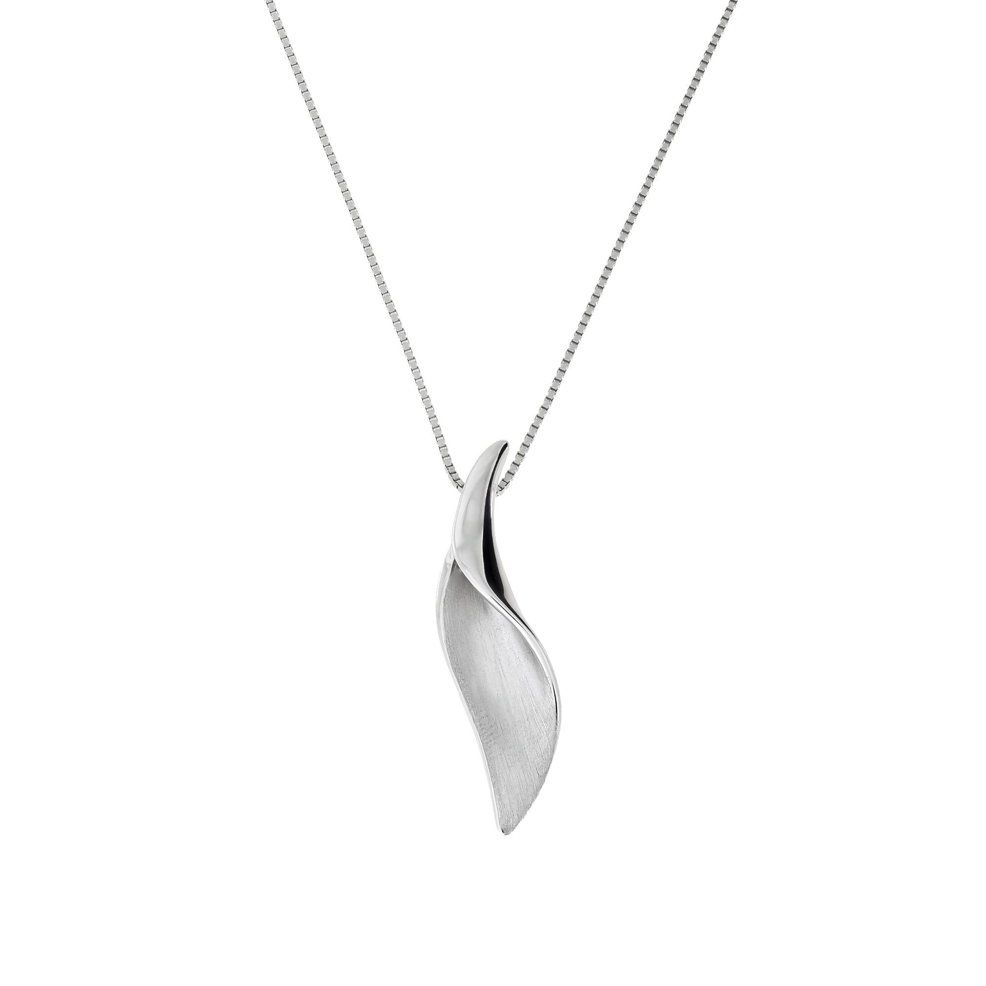 Sterling silver pendant with a folded curve design combining satin and polished finishes, suspended from a delicate fine chain for a modern sculptural silver necklace.