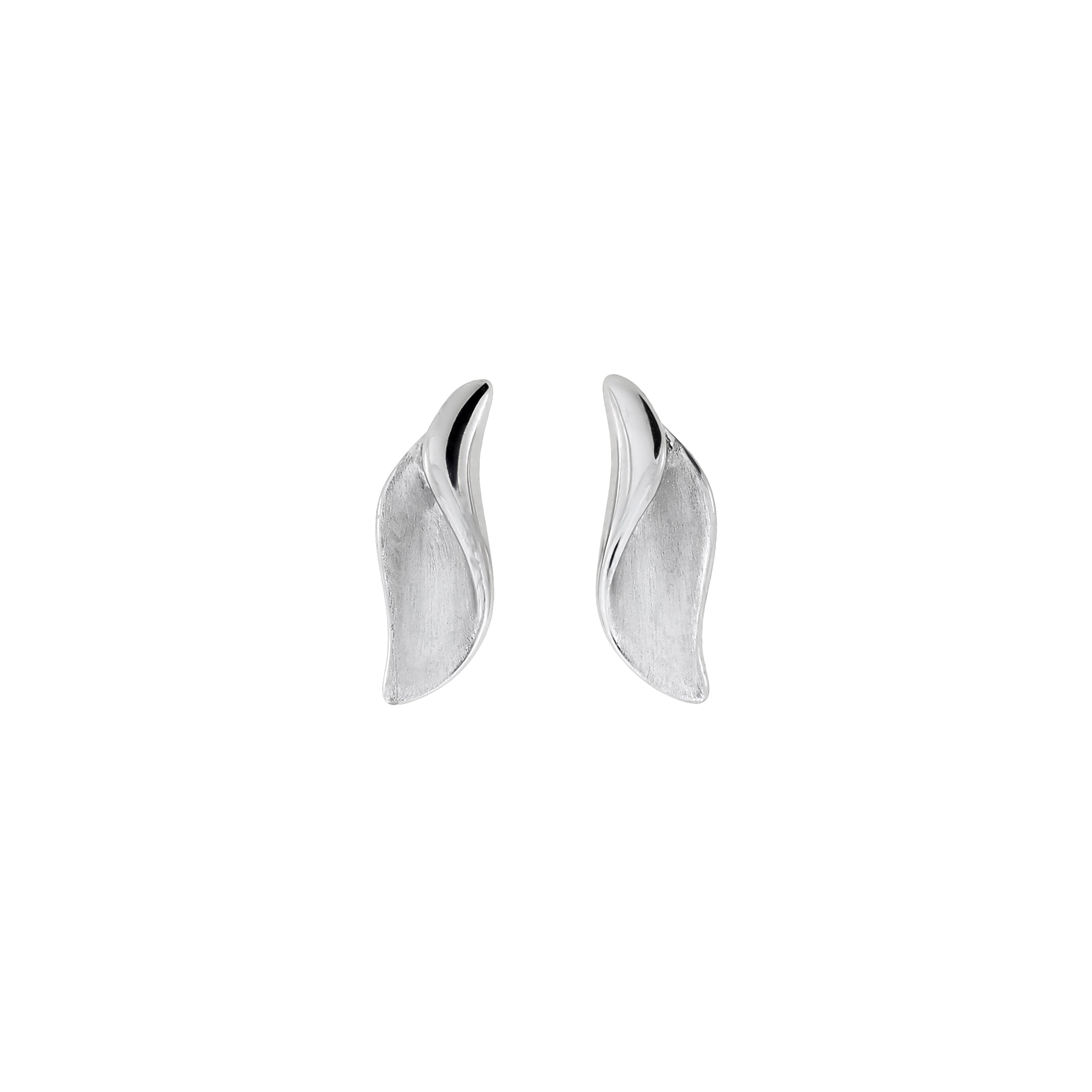 Polished sterling silver stud earrings featuring a sleek folded curve design with a satin finish, embodying modern elegance in refined sterling silver jewellery.