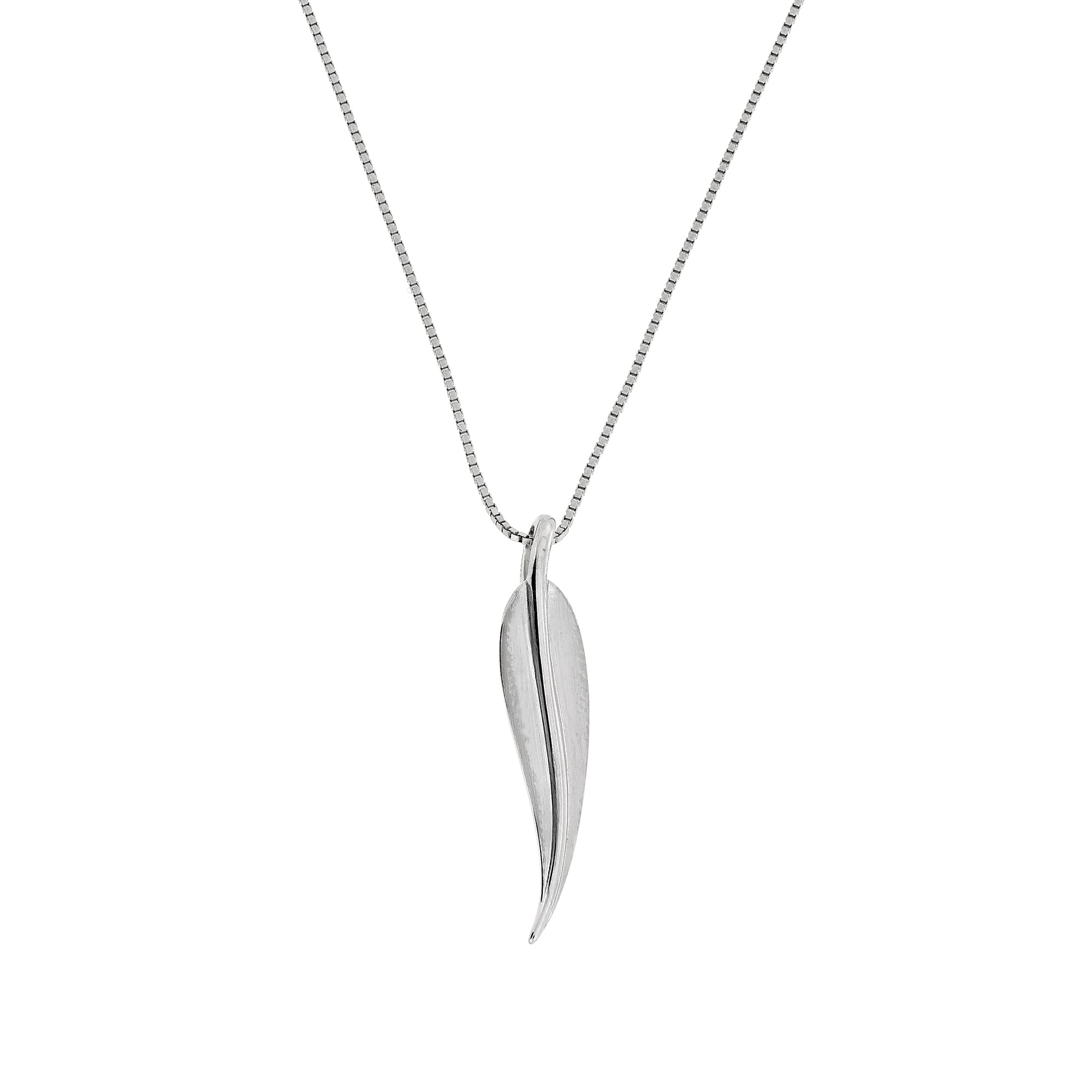 Delicate sterling silver pendant shaped as a slim leaf with a smooth, polished surface suspended from a fine chain, embodying elegant and contemporary silver jewellery design.