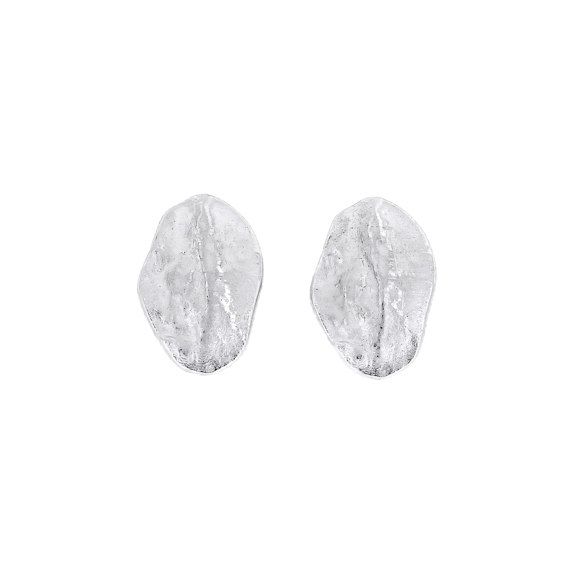 Sculptural sterling silver oval stud earrings featuring an organic, textured surface for a refined and contemporary look in British sterling silver jewellery by Azendi.