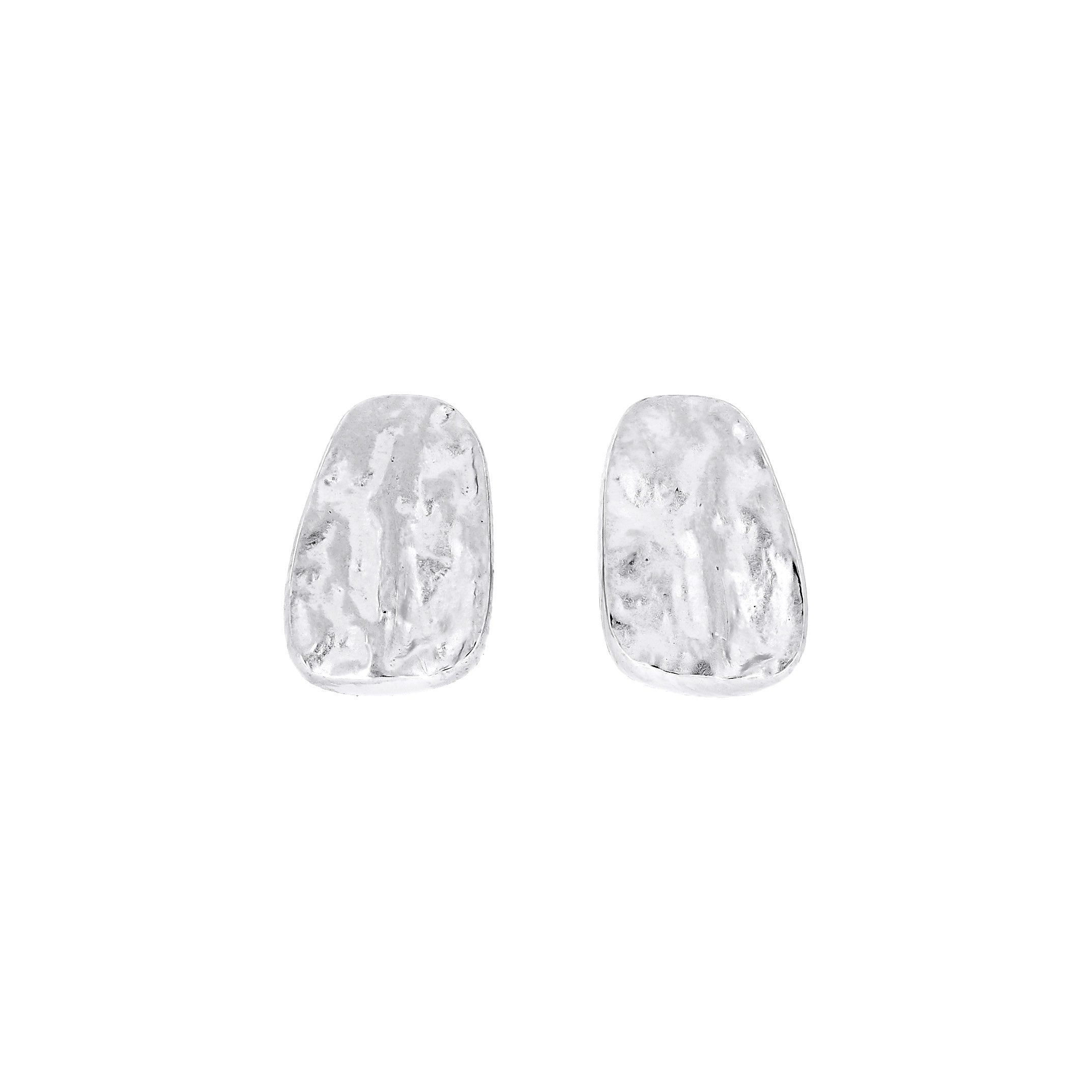 Pair of sterling silver stud earrings inspired by natural pebble shapes, featuring subtle textured surfaces for a modern and sculptural jewellery look.