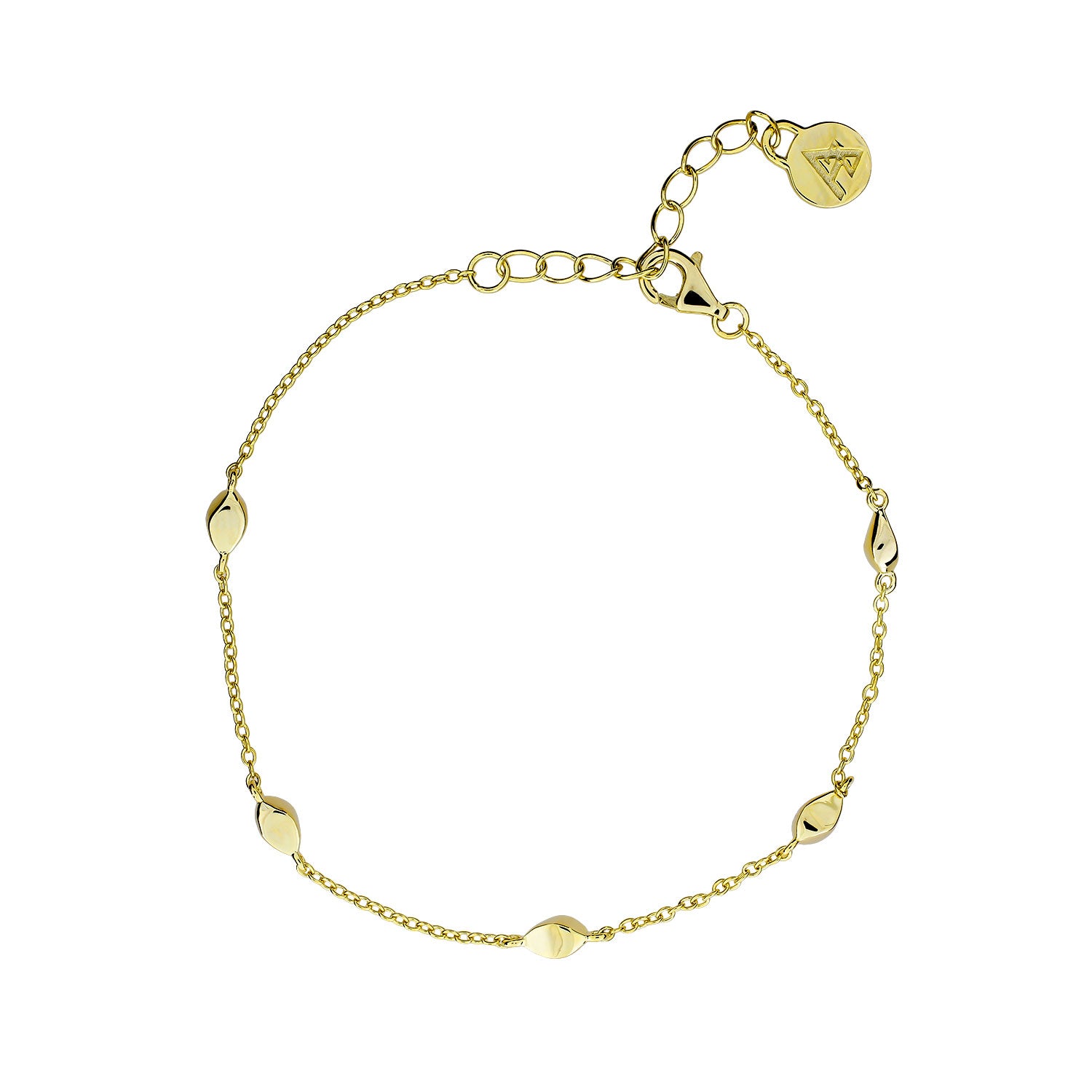 Delicate gold vermeil bracelet featuring five polished bead accents spaced evenly along a fine chain with an adjustable extension and branded charm detail.