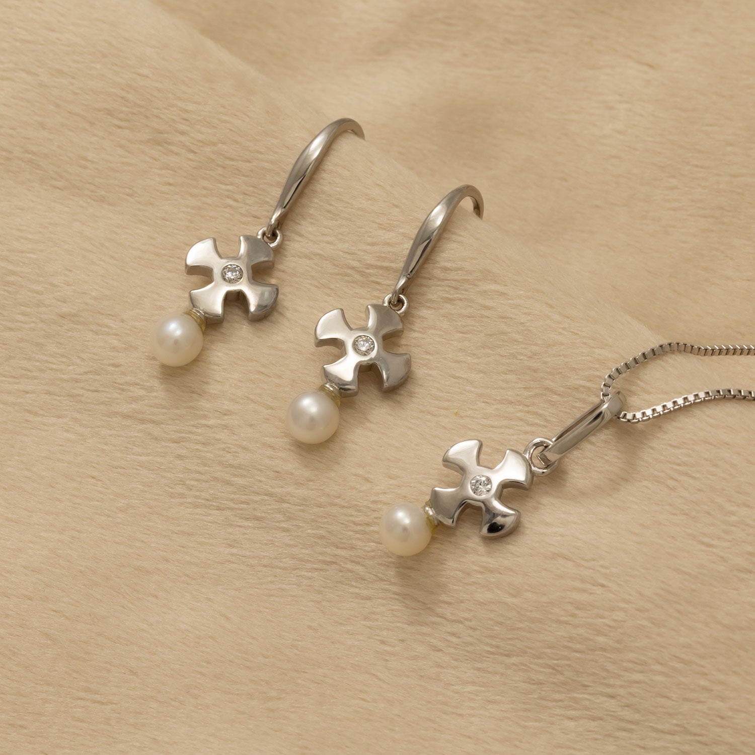 Silver St Cuthbert Cross Drop Earrings with Freshwater Pearl