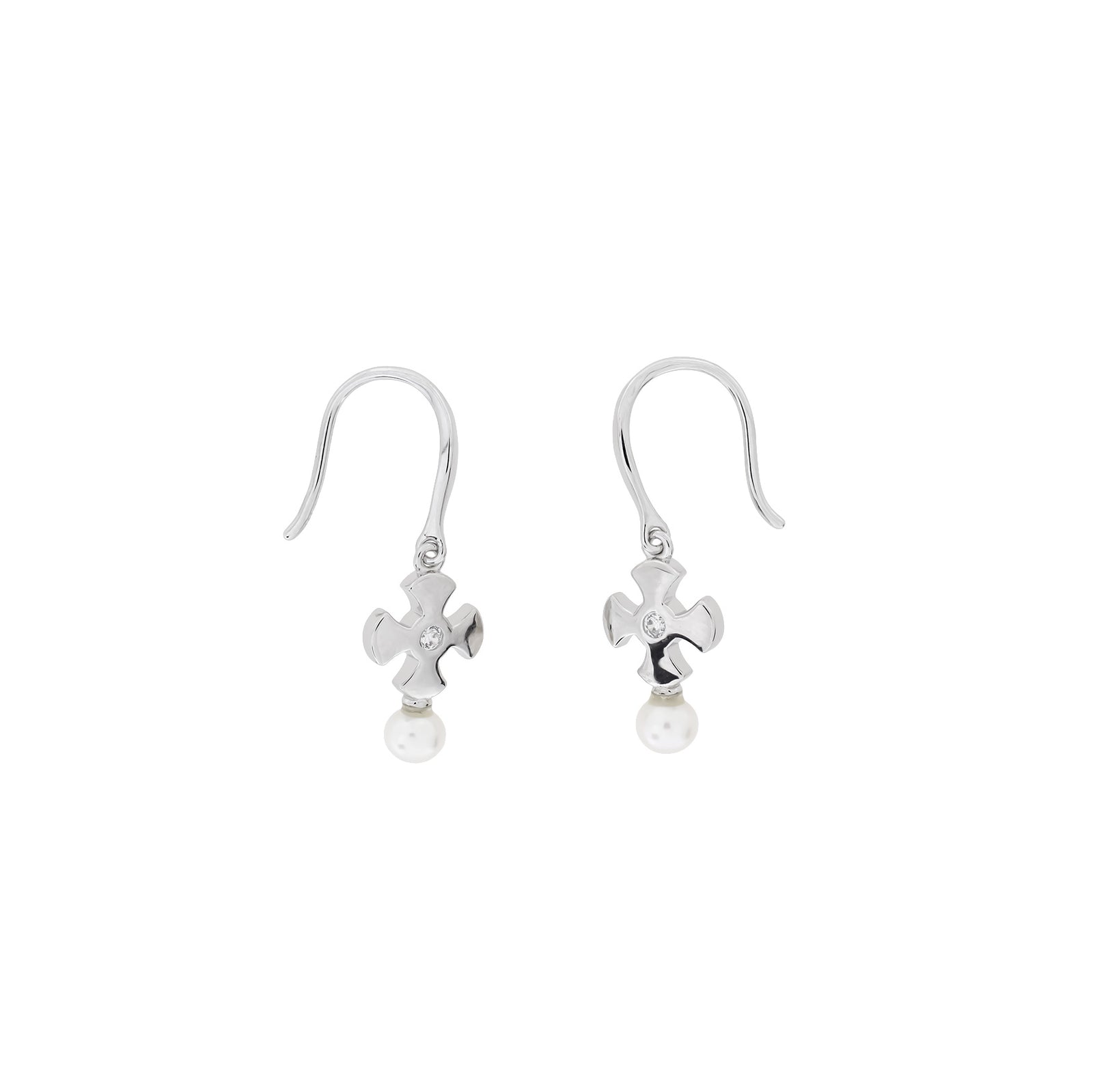 Silver St Cuthbert Cross Drop Earrings with Freshwater Pearl