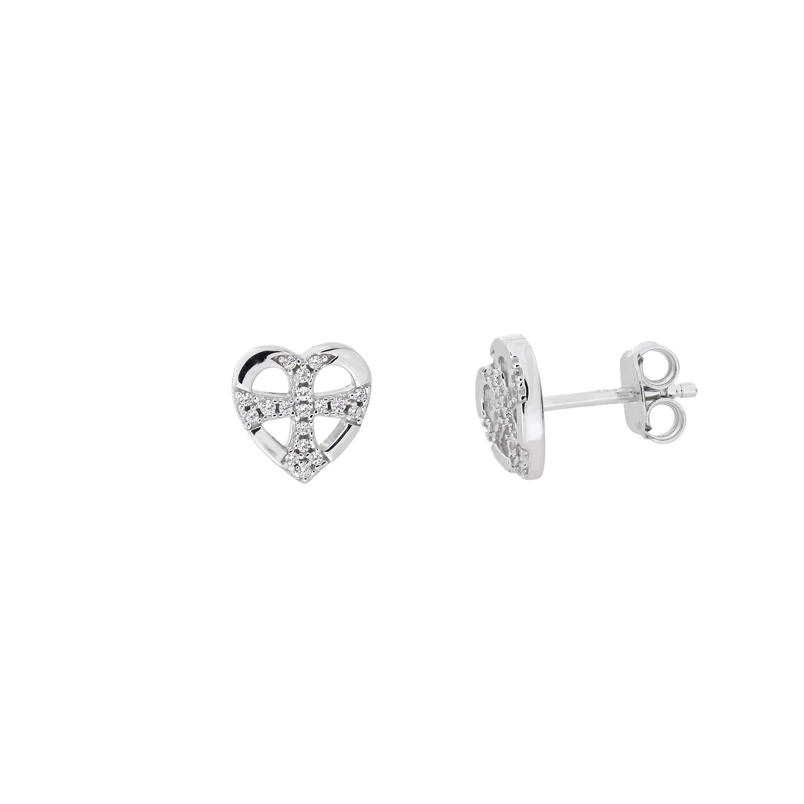 Silver St Cuthbert Pavé Cross Heart Stud Earrings