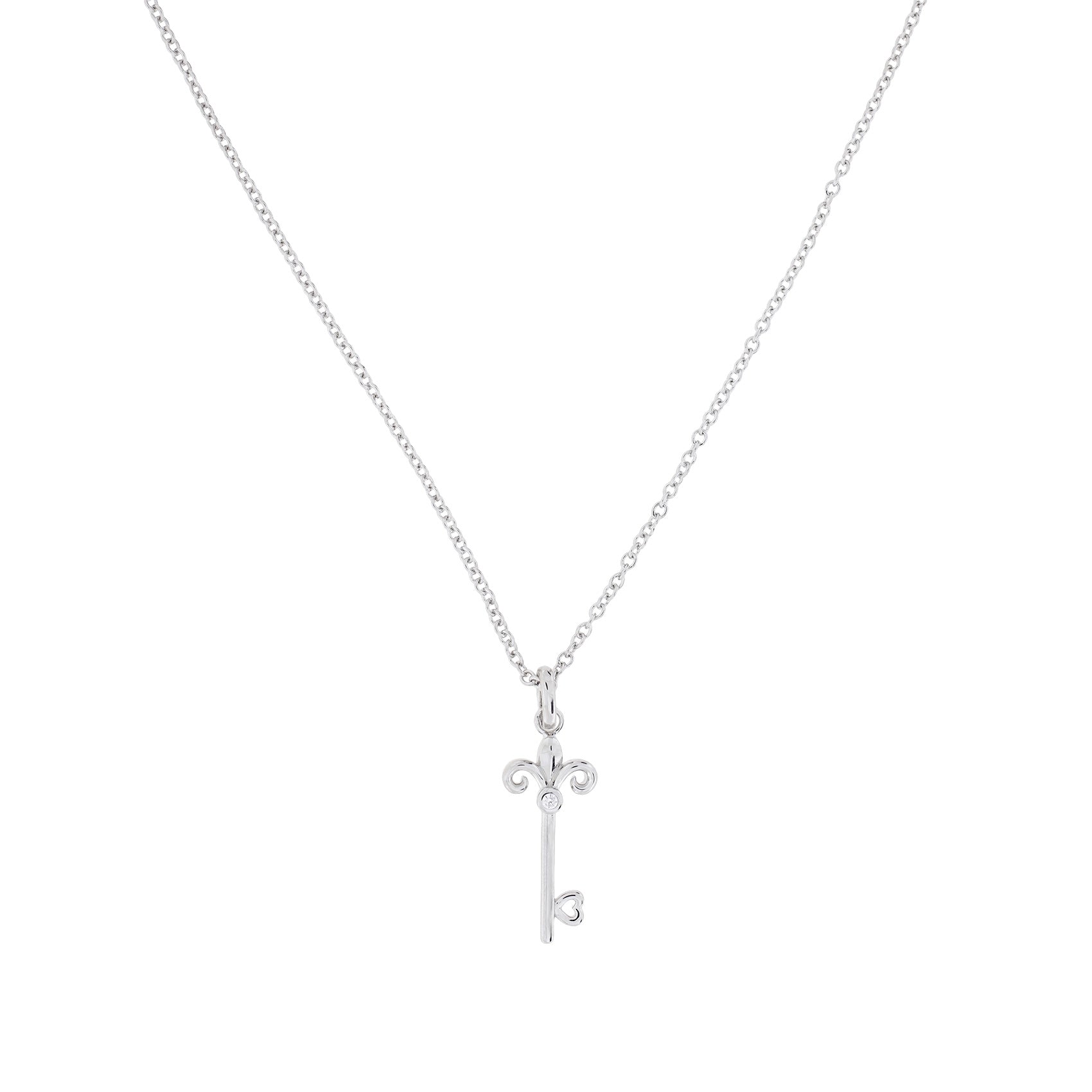 Delicate sterling silver necklace featuring a sculptural fleur de lis key pendant suspended from a fine chain, showcasing refined British design by Azendi.