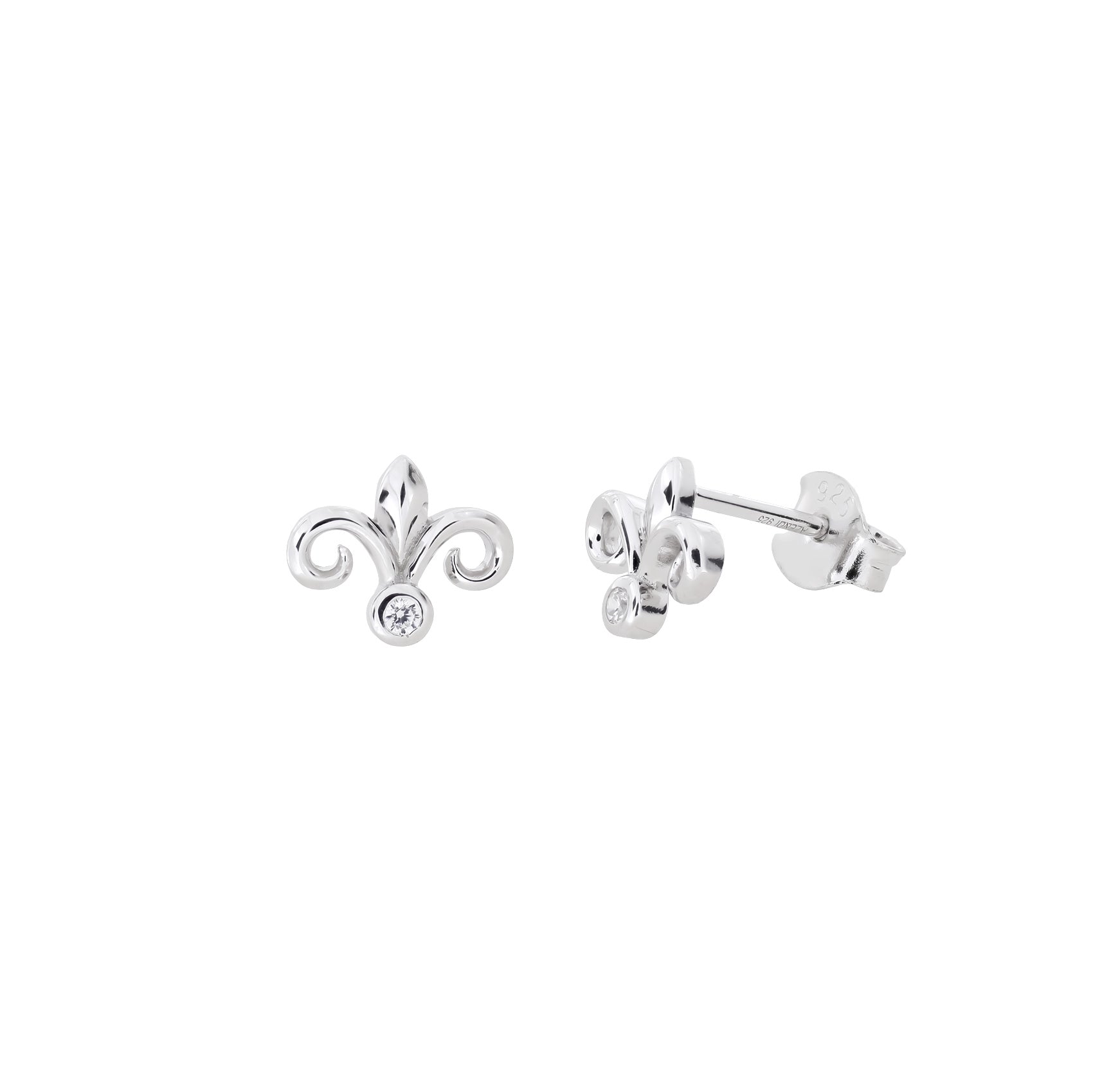 Pair of sterling silver stud earrings shaped as fleur de lis motifs, each featuring a polished finish and a small clear stone set at the base, displayed on a white background.