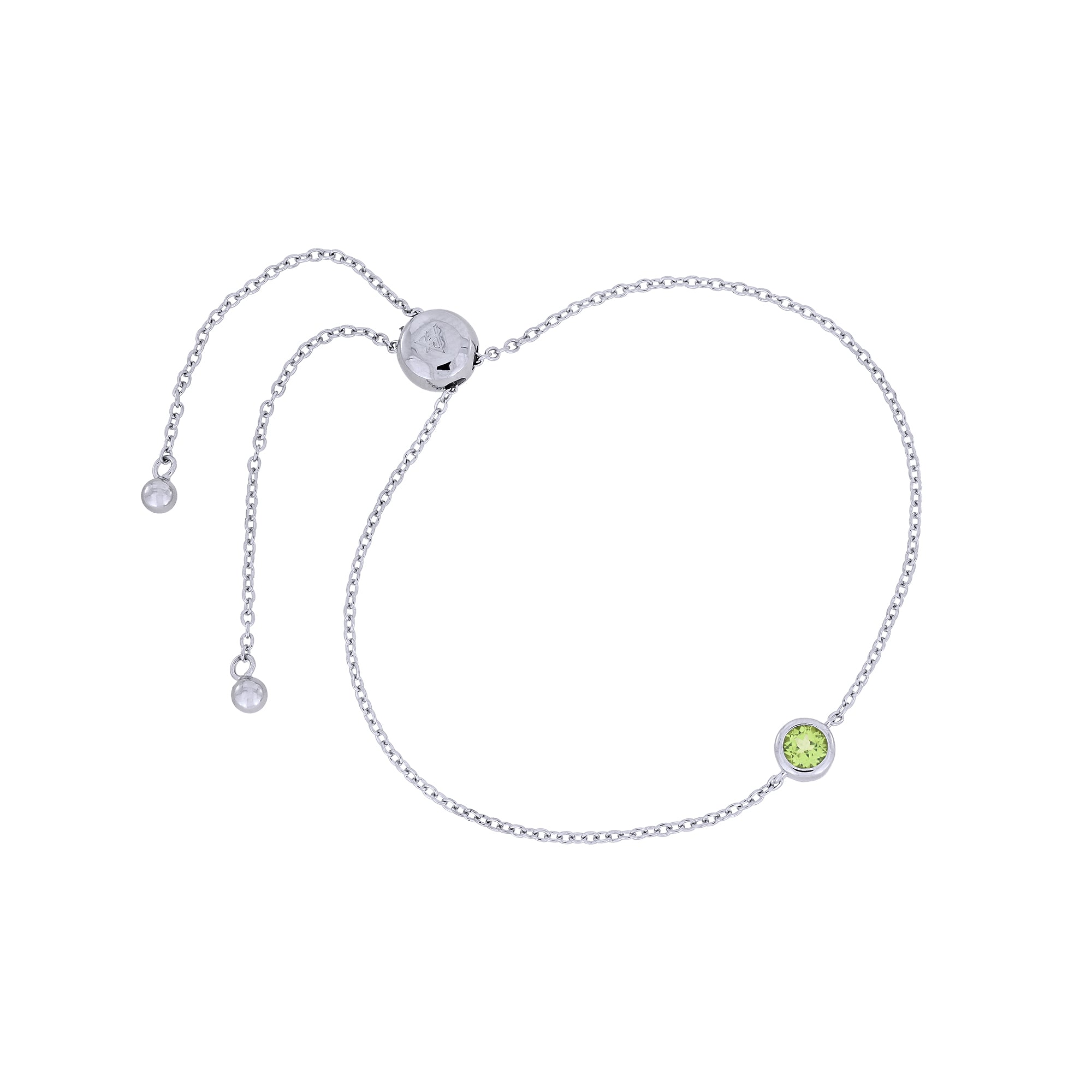 Delicate sterling silver bracelet featuring a bright peridot gemstone with a sliding adjustable clasp, showcasing expert British craftsmanship in a modern design.