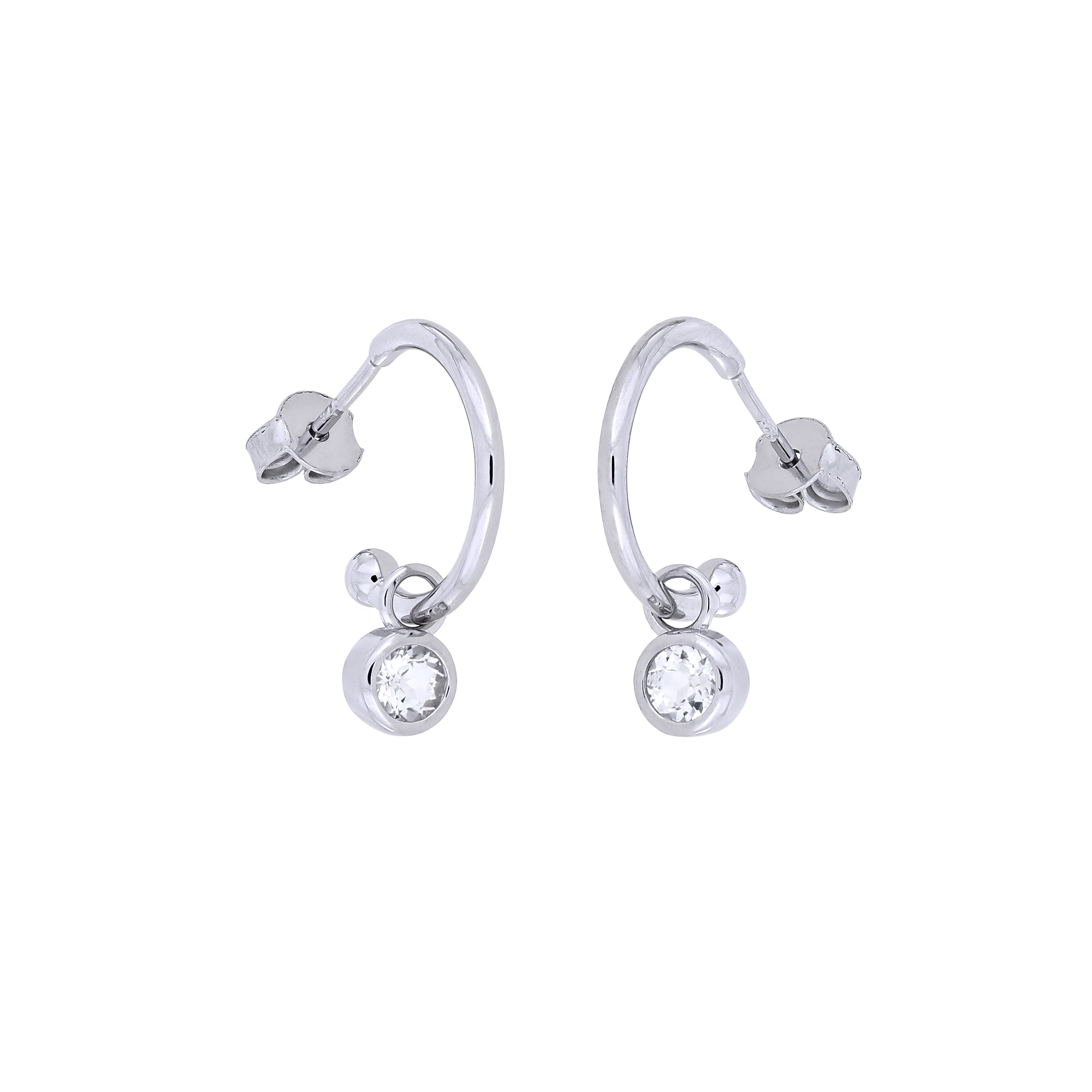 Delicate sterling silver hoop earrings featuring bezel-set white topaz stones, offering a refined and modern style with expert British craftsmanship by Azendi.