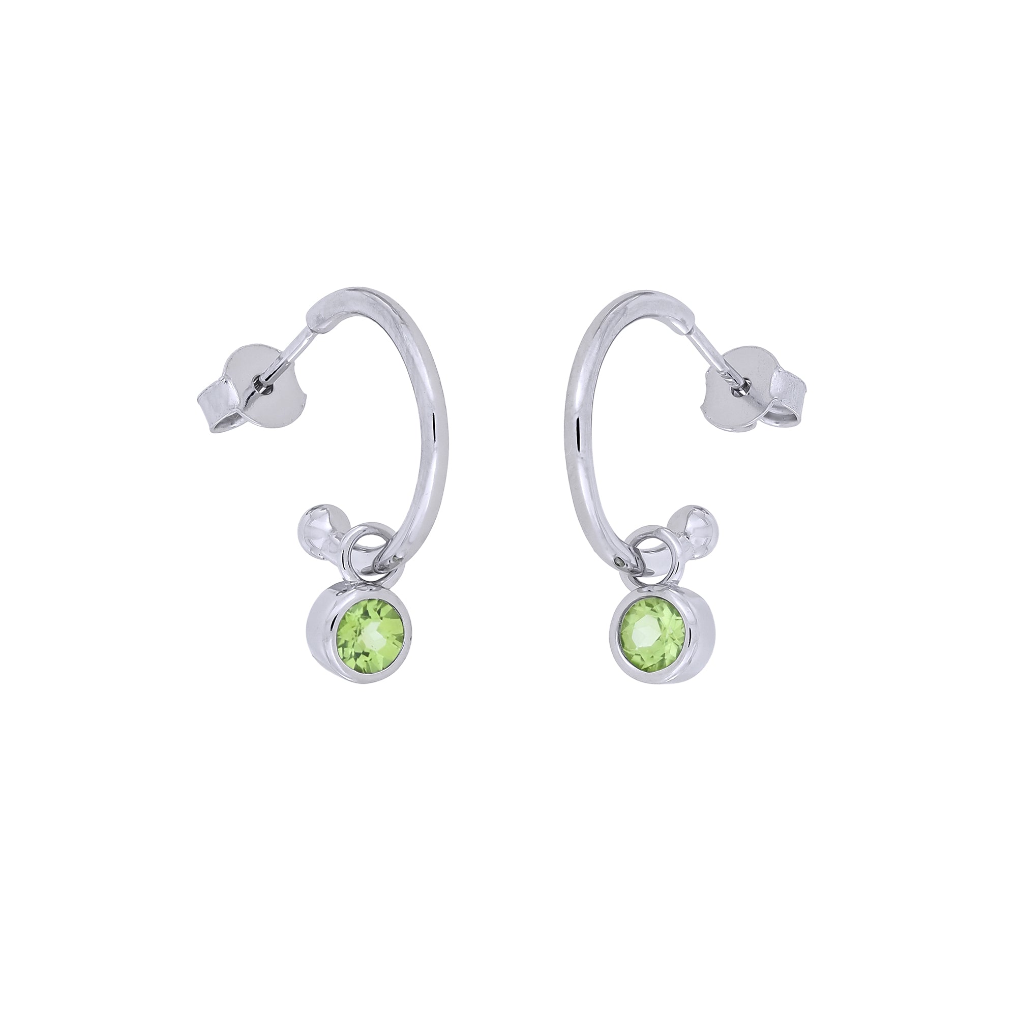 Delicate sterling silver hoop earrings featuring vibrant peridot gemstones, showcasing a refined and contemporary design by expert British craftsmanship.