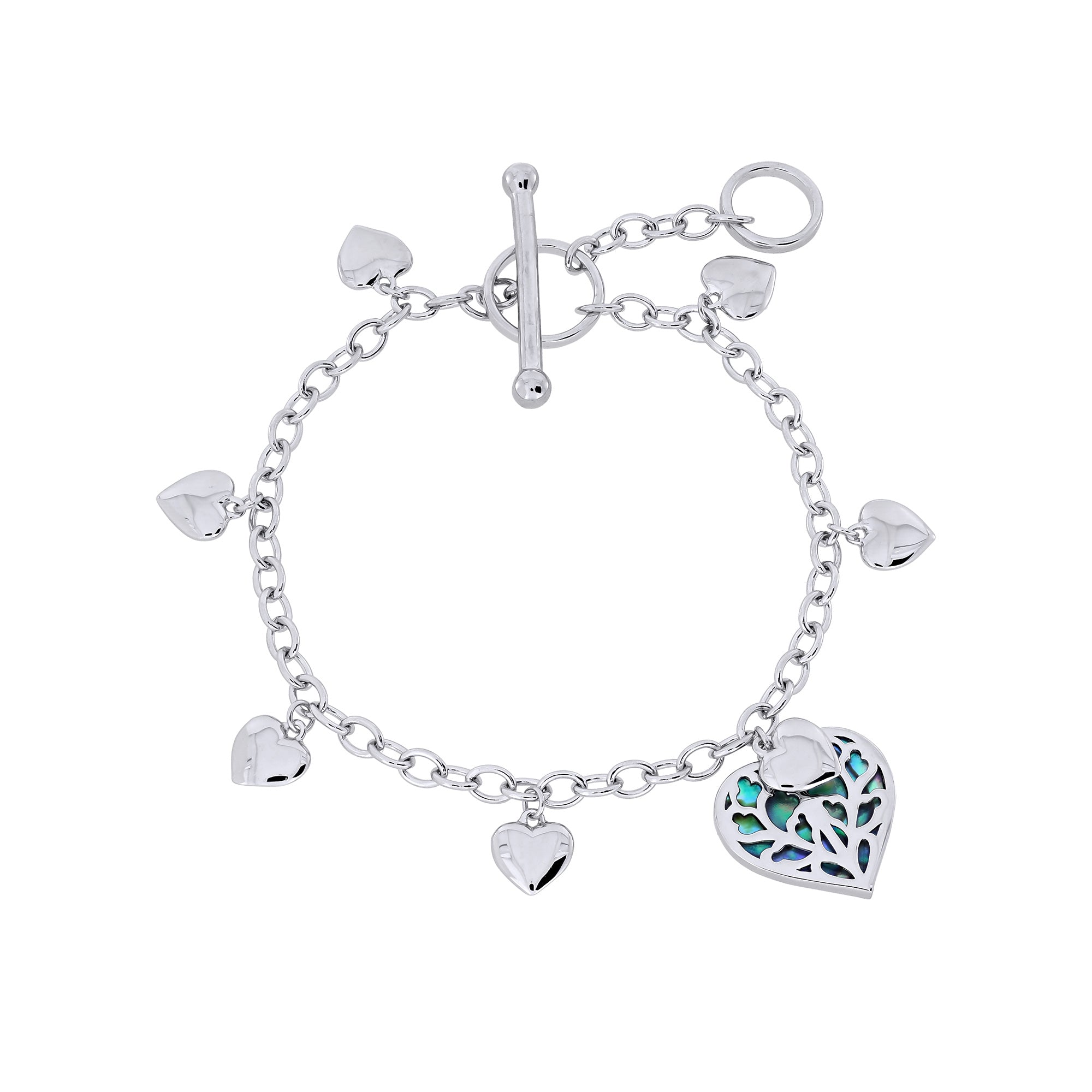 A silver T-bar bracelet featuring a heart design with abalone mother of pearl detailing, accompanied by small heart charms and a toggle clasp.