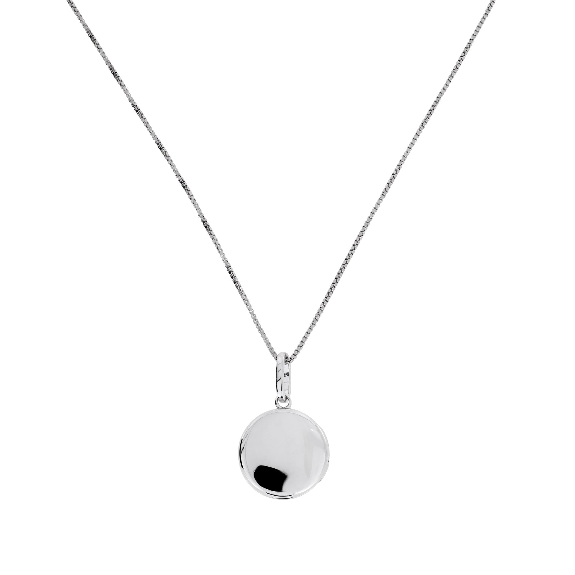 Polished sterling silver locket pendant with a smooth reflective surface, suspended from an adjustable fine chain, combining minimalist elegance with sculptural form.