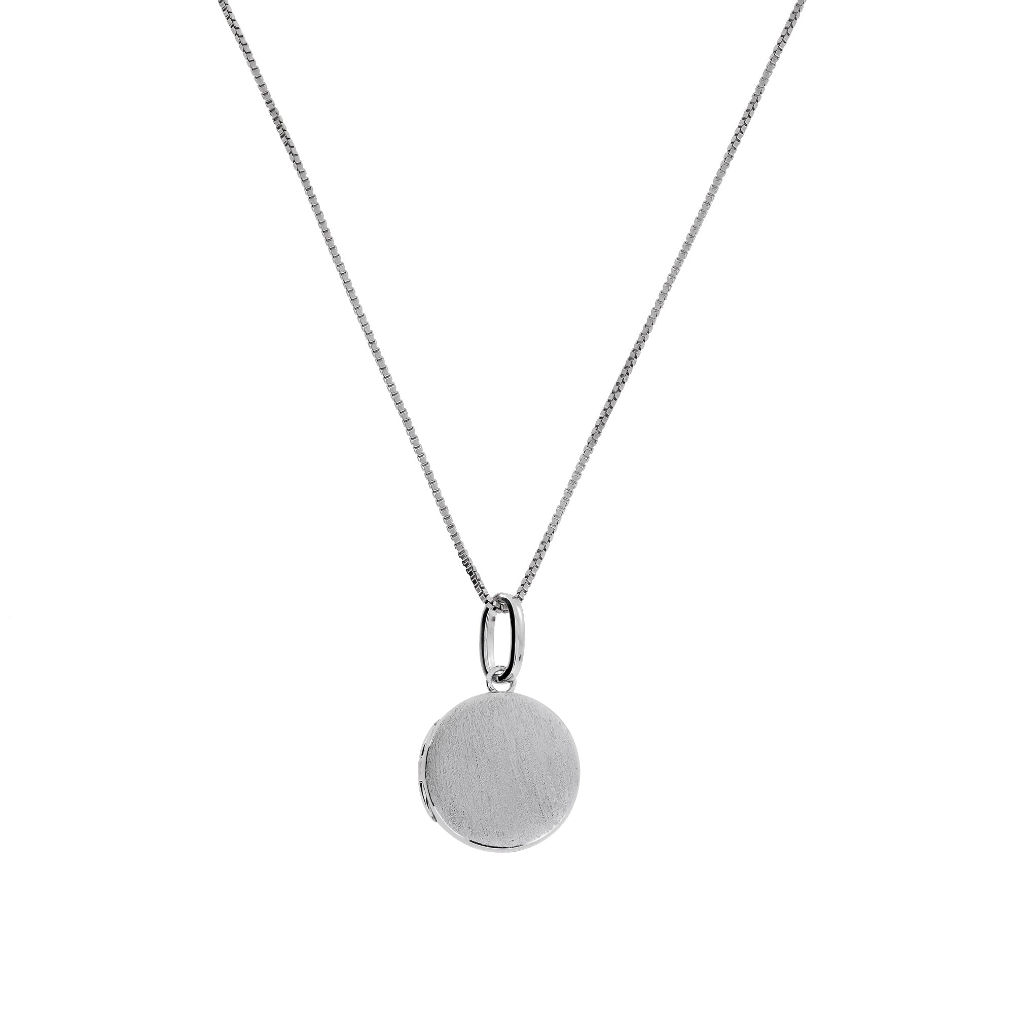 Minimalist sterling silver locket pendant with a satin finish hanging from a delicate adjustable chain, exemplifying contemporary Azendi silver jewellery design.