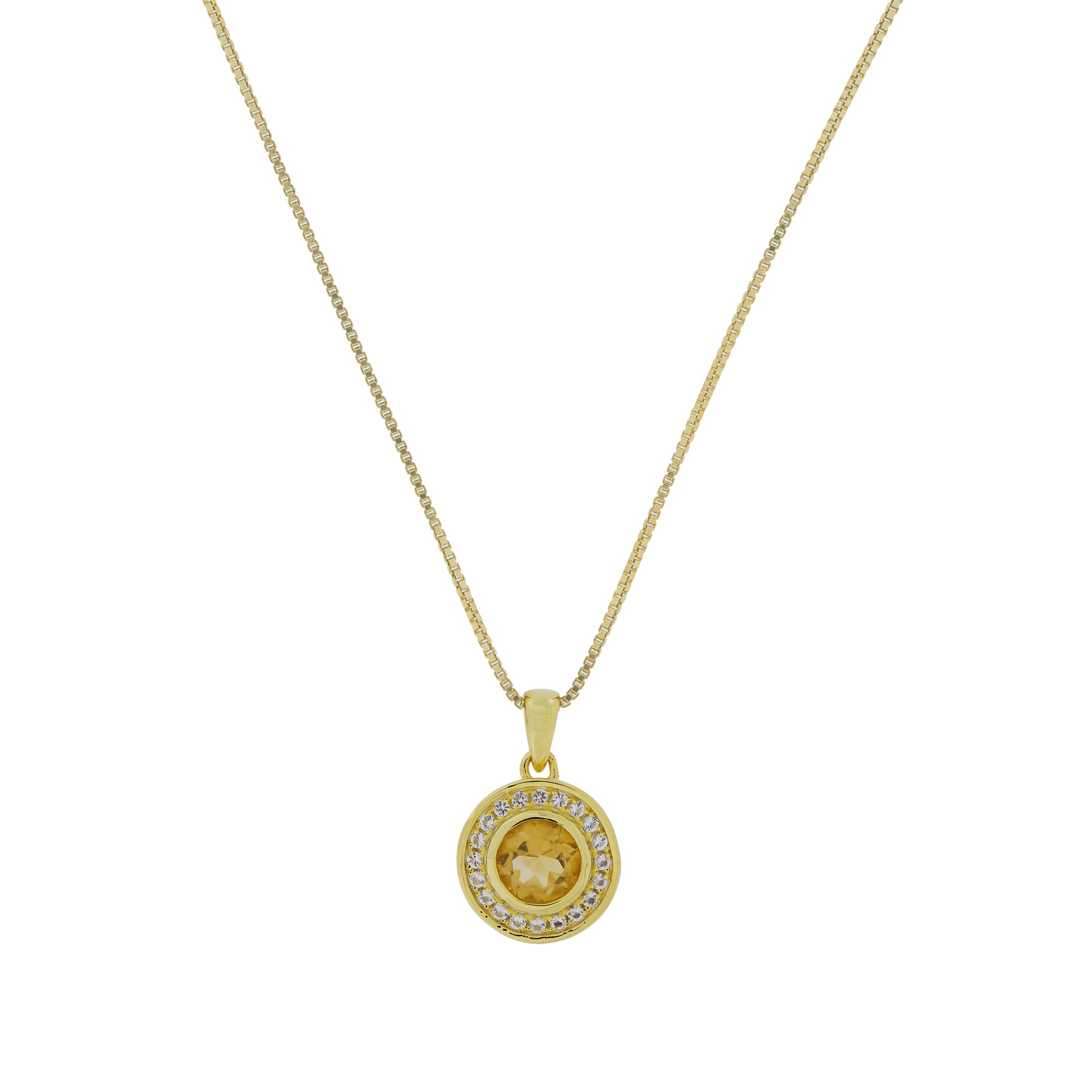 Round pendant necklace in yellow gold vermeil featuring a central citrine gemstone encircled by sparkling white topaz stones on a delicate chain.