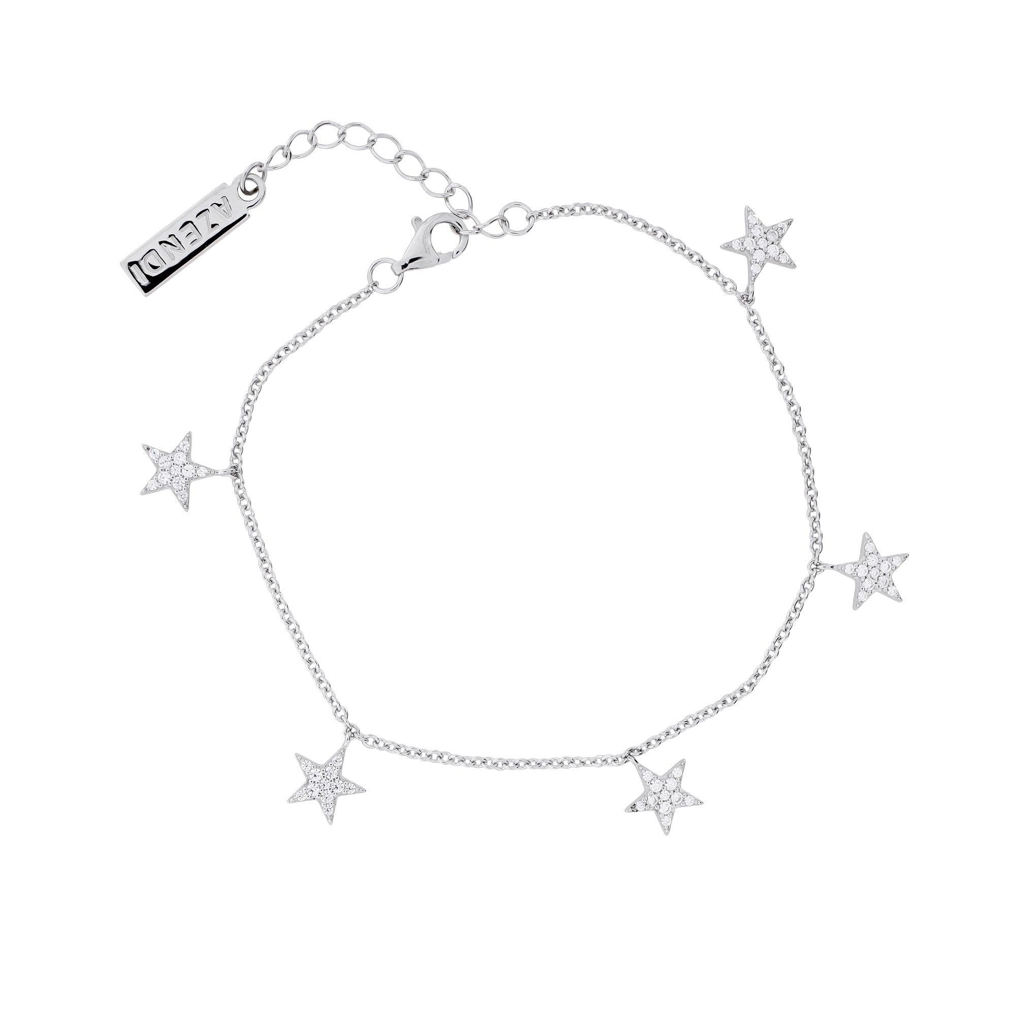 Delicate sterling silver bracelet featuring five pavé-set star charms evenly spaced along a fine chain with an adjustable clasp and branded tag.