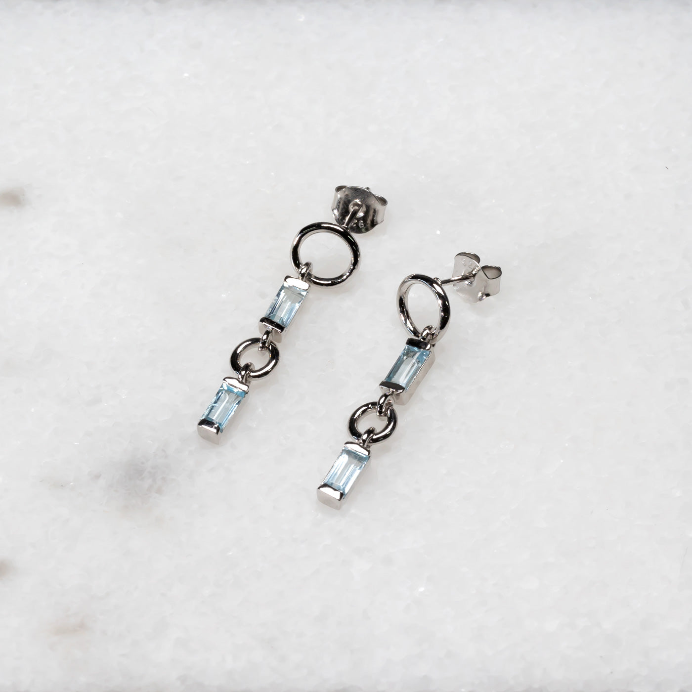 Silver Blue Topaz Baguette Drop Earrings