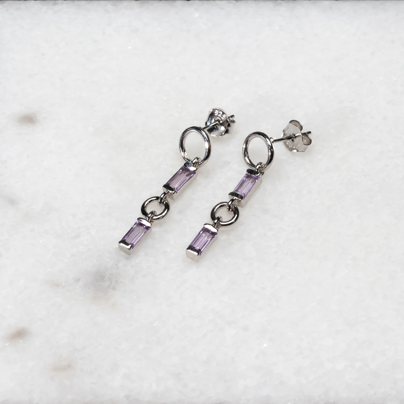 Silver Amethyst Baguette Drop Earrings