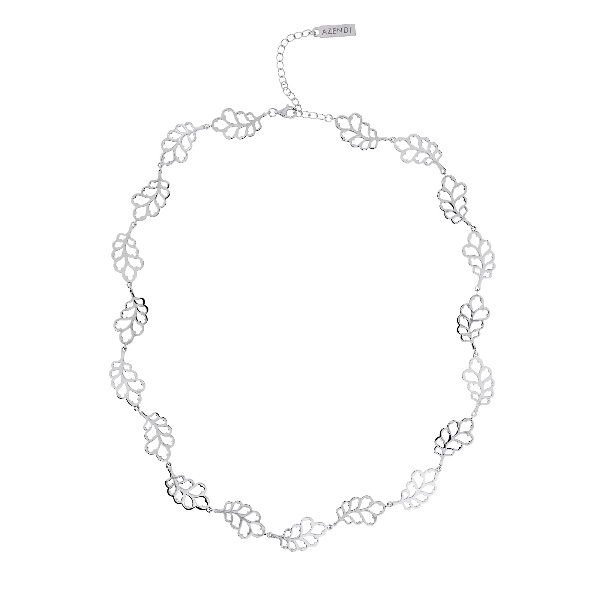 Delicate sterling silver necklace featuring linked openwork oak leaf motifs with an adjustable chain and a branded tag, showcasing a sculptural and nature-inspired design.