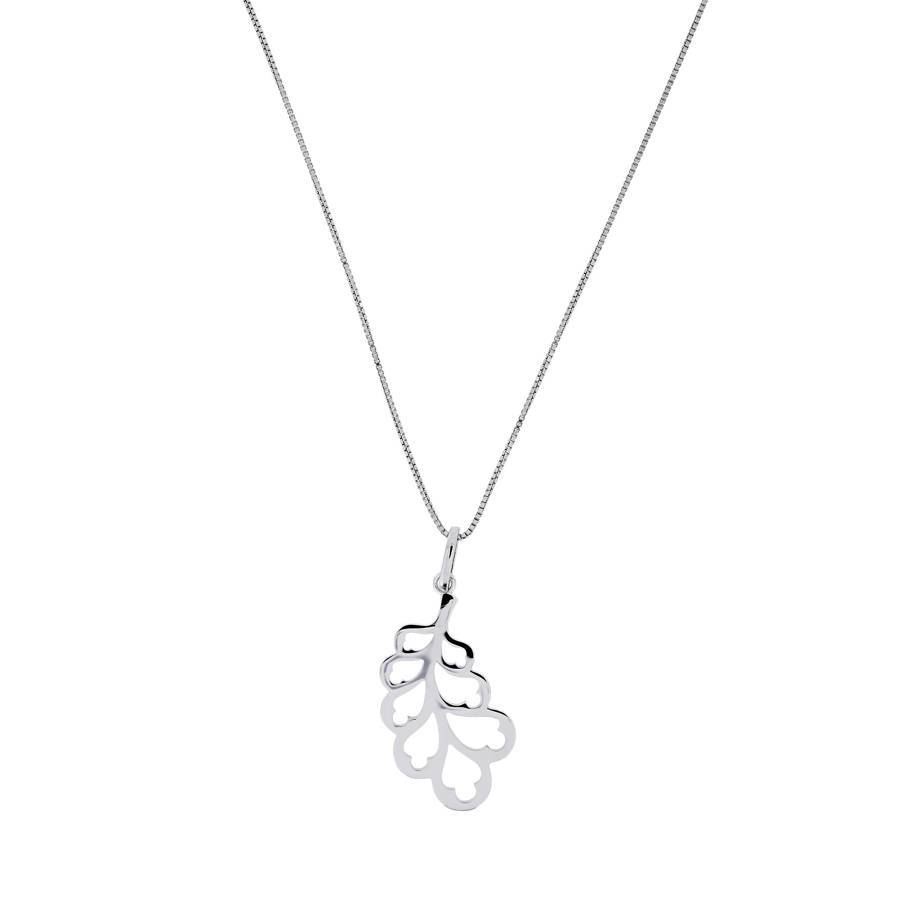 Sterling silver necklace featuring a sculptural pendant inspired by an oak leaf, suspended from a fine chain against a clean white background.