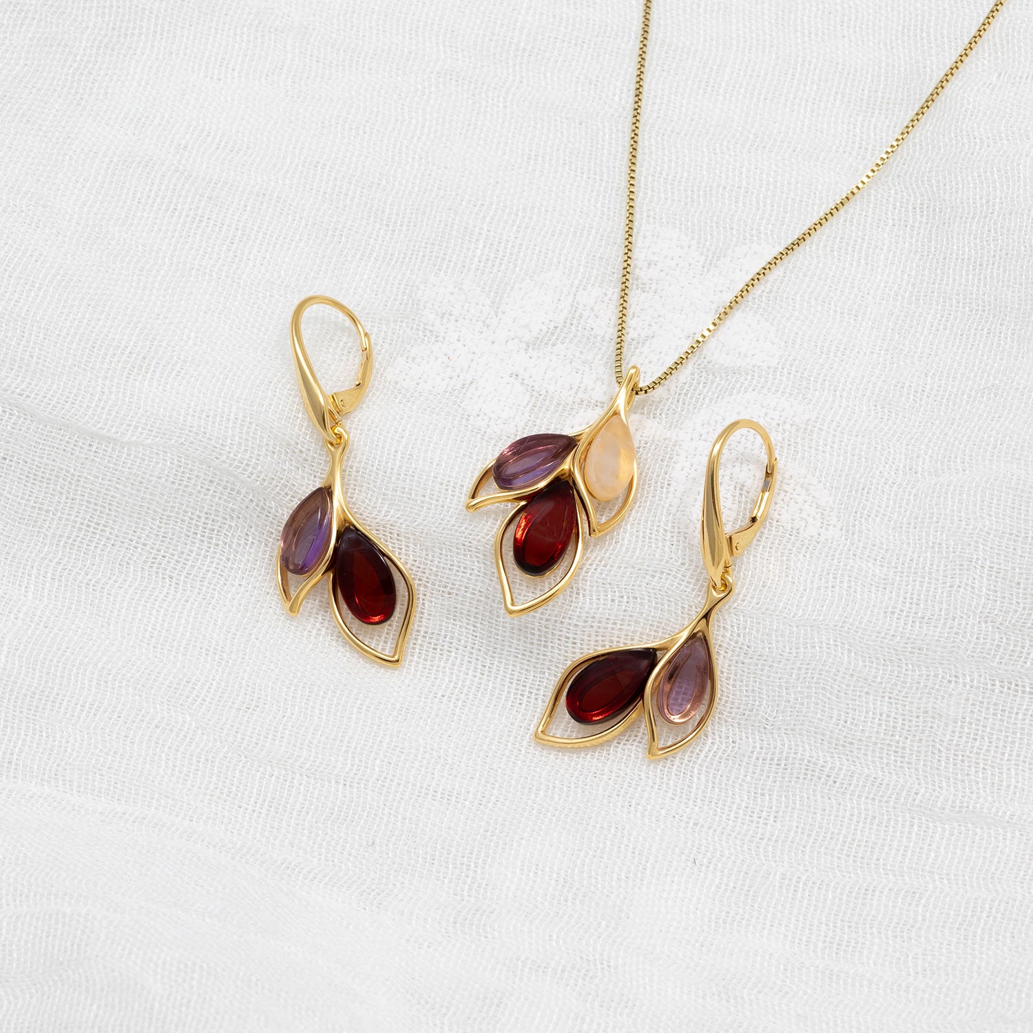 Gold Vermeil Cherry Amber, Rose Quartz & Amethyst Leaf Pendant