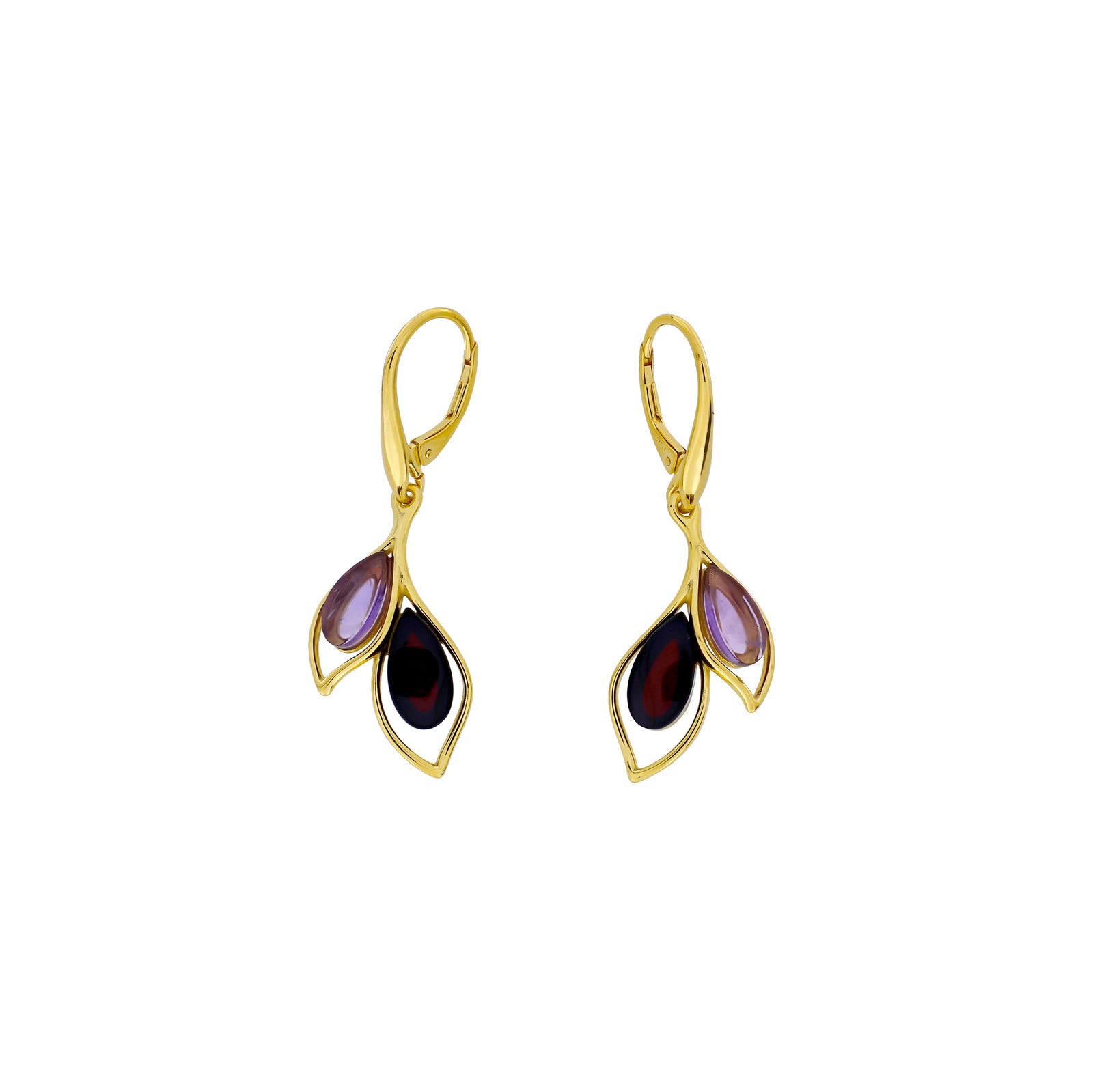 Gold Vermeil Cherry Amber & Amethyst Leaf Drop Earrings