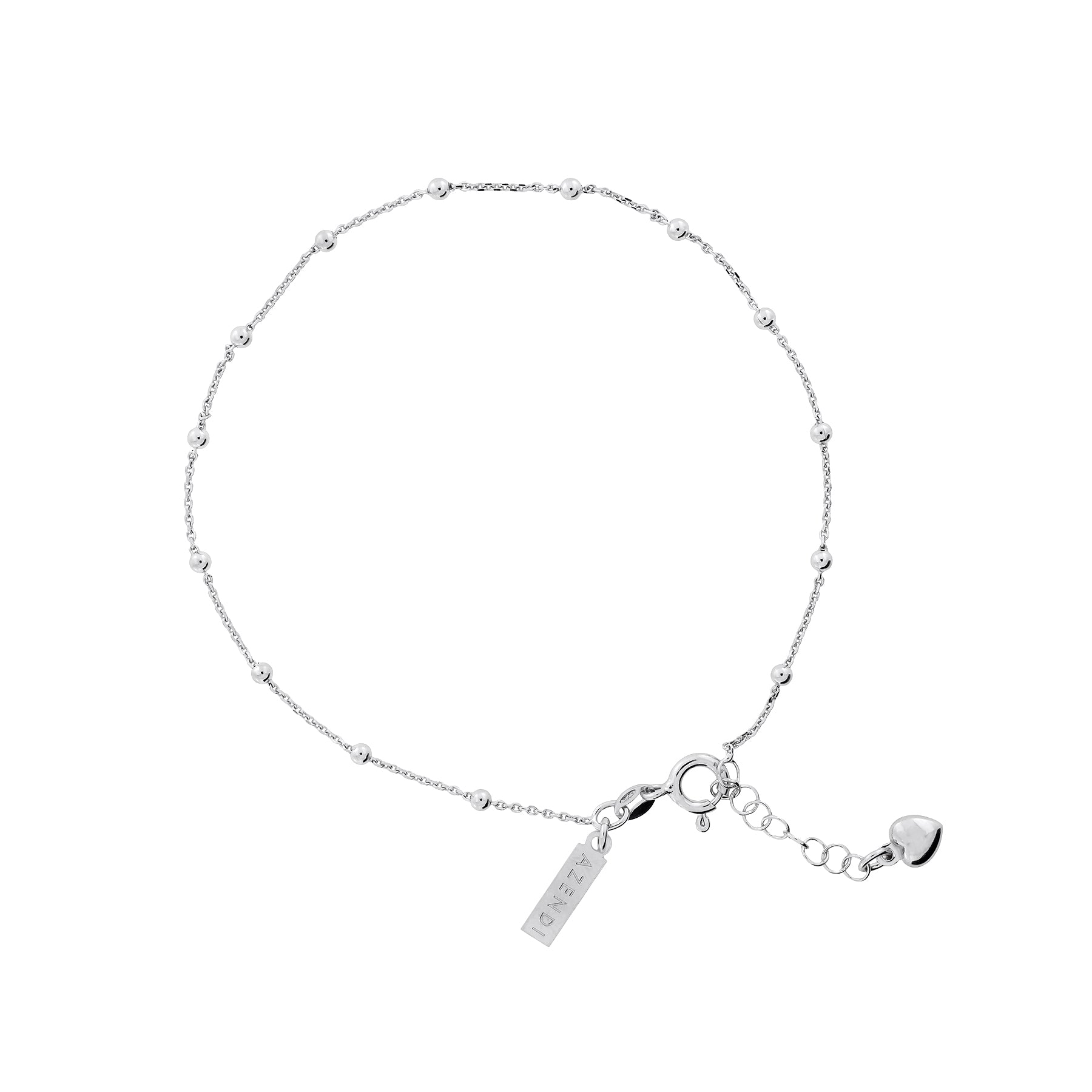 A delicate sterling silver anklet featuring a fine ball chain with evenly spaced beads and an adjustable clasp detailed with a small heart charm.