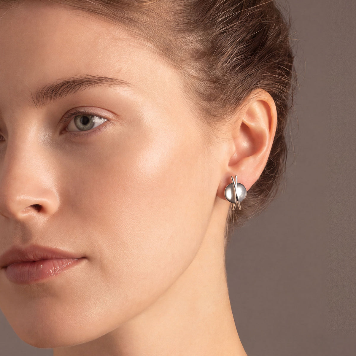 Round Grey Mother of Pearl Crossover Stud Earrings