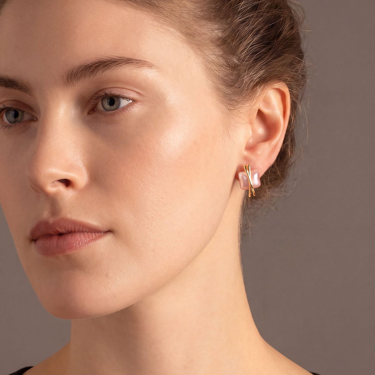 Square Pink Mother of Pearl Crossover Stud Earrings