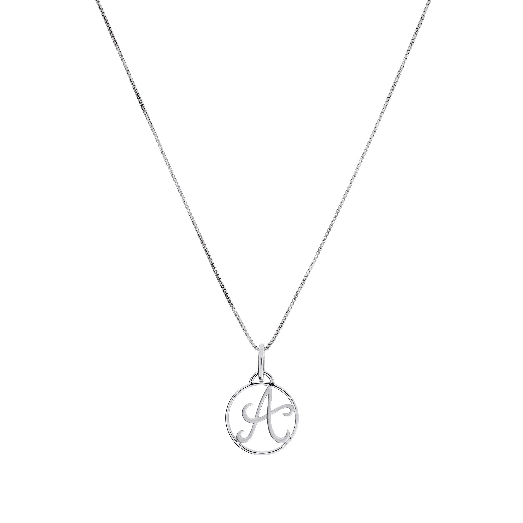 Elegant sterling silver necklace featuring a sculptural circular pendant with a delicate initial letter design, suspended from a fine chain for a refined look.
