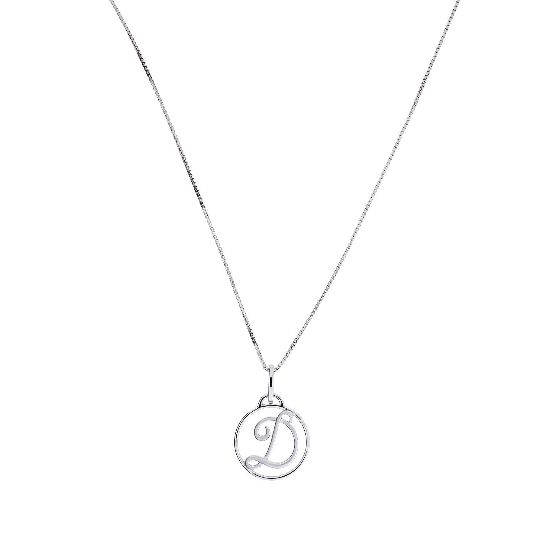 Sterling silver necklace featuring a finely crafted circular pendant with an elegant initial letter design, suspended from a delicate chain for a refined look.