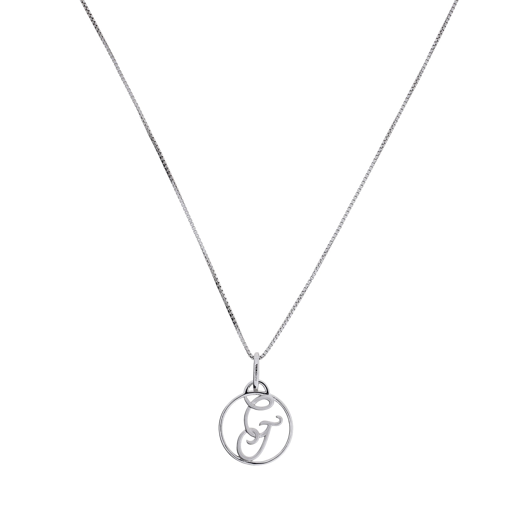 Sterling silver necklace featuring a finely crafted round pendant with a scripted initial letter, suspended from a delicate chain for a personalized touch.