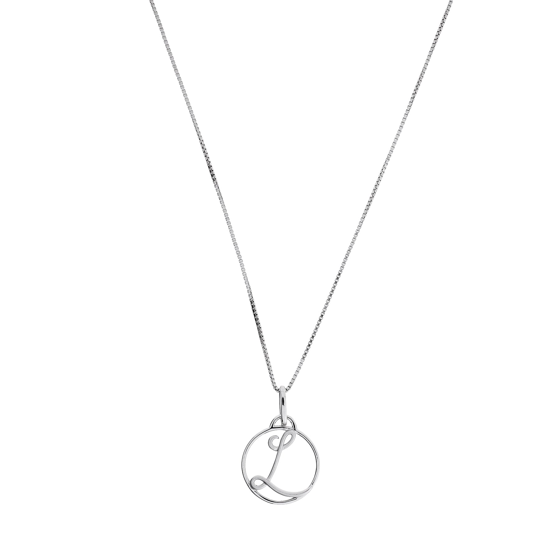 Sterling silver necklace featuring a polished circular pendant with a cursive initial letter, suspended from a fine chain for a refined and personalized look.