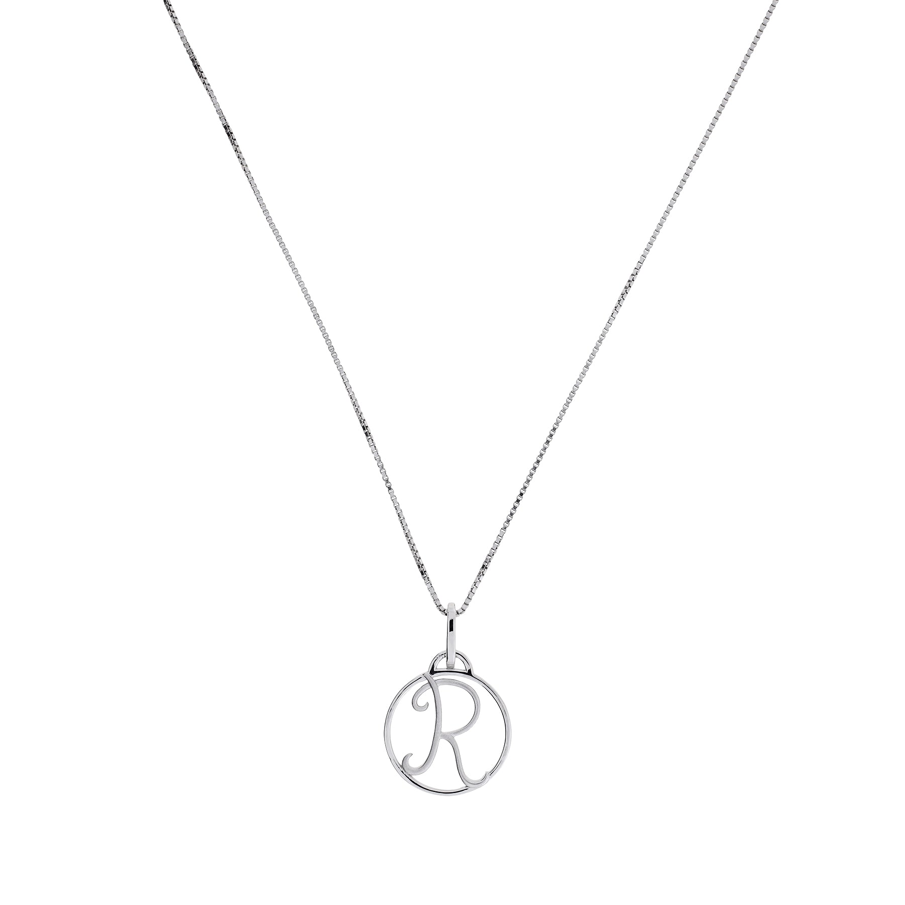 Sterling silver necklace featuring a finely crafted initial letter pendant within a circular frame, suspended from a delicate chain for a personalized, elegant look.