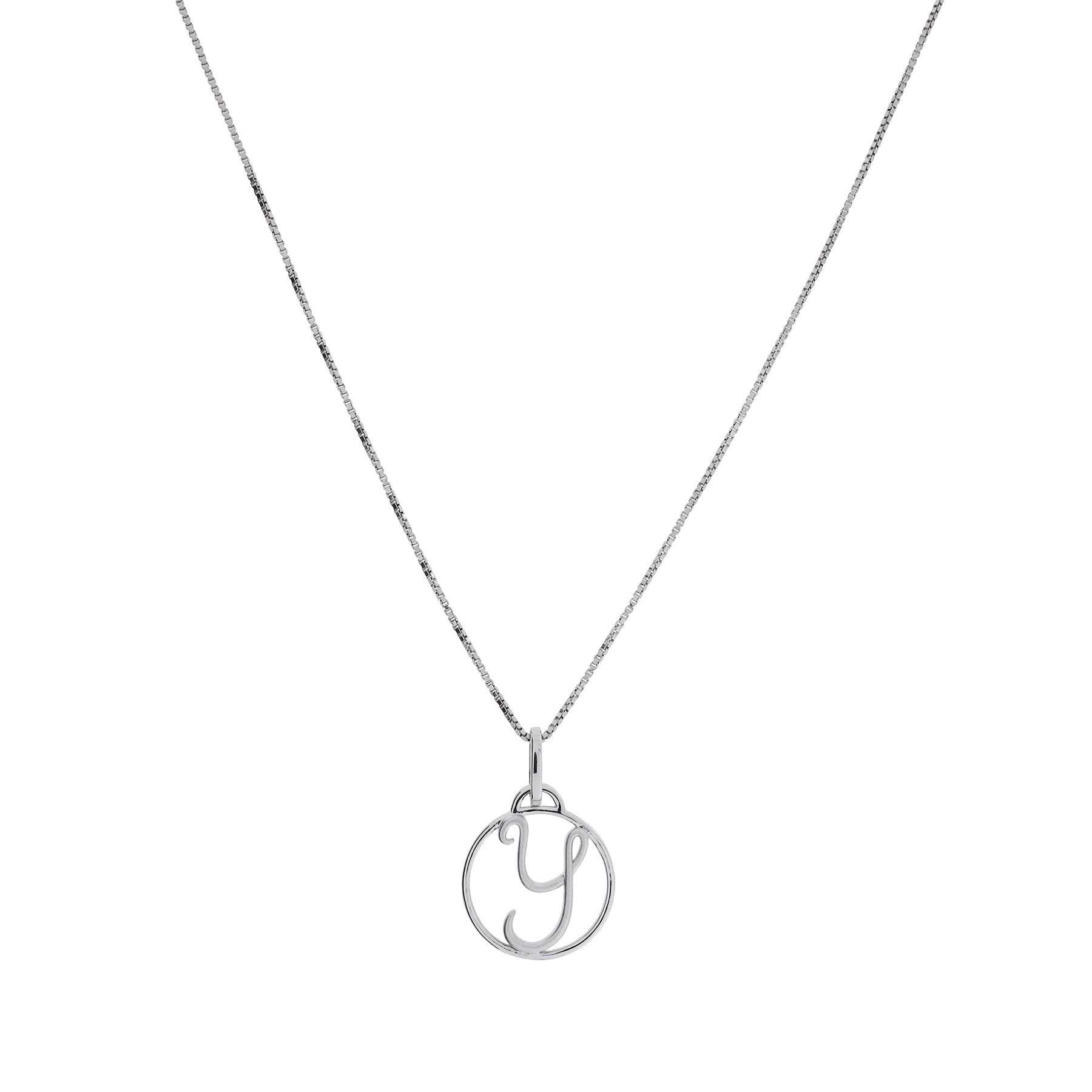 Sterling silver necklace featuring a polished circular pendant with an elegant scripted initial letter, suspended from a fine chain for a refined and personal touch.
