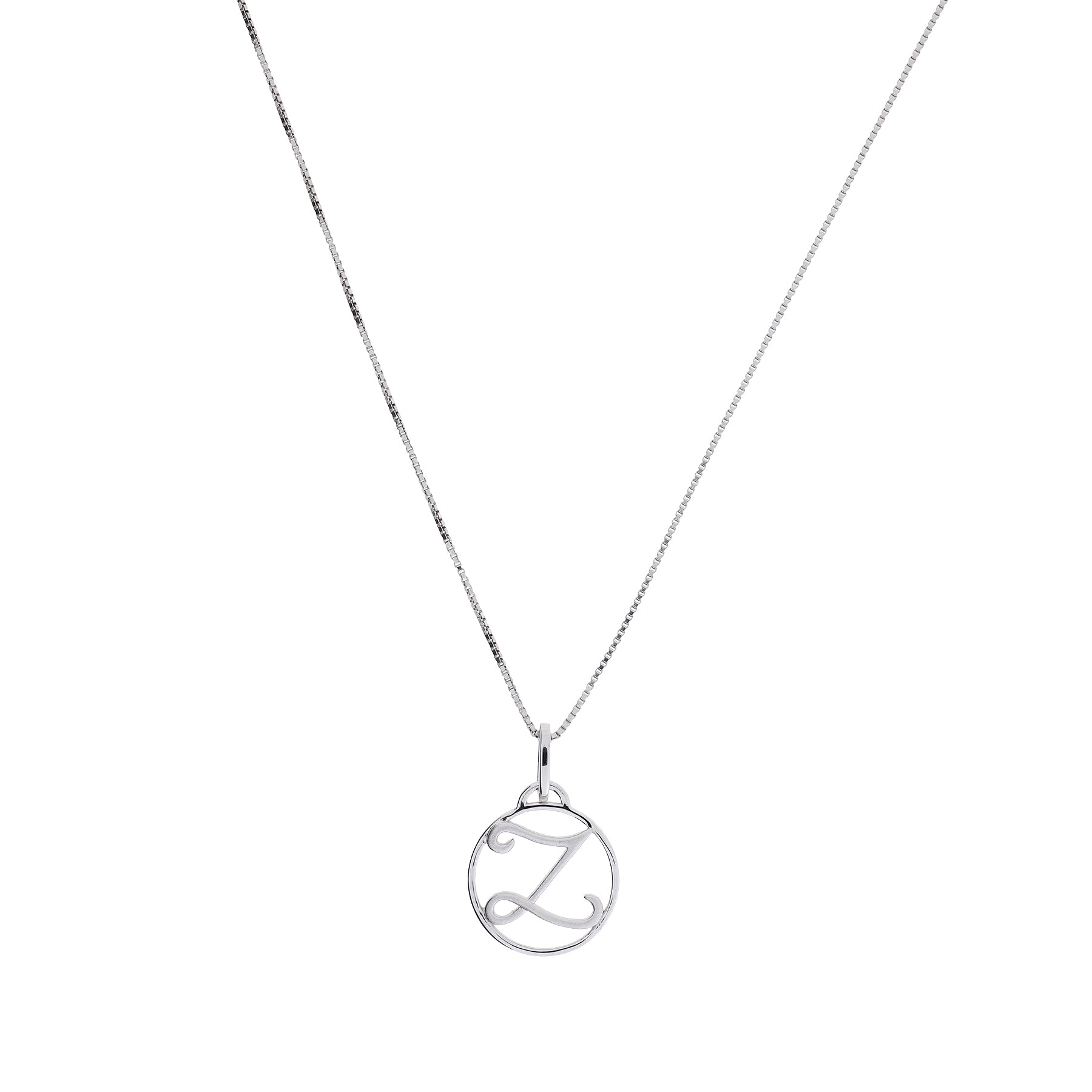 A sterling silver necklace featuring a polished initial letter pendant suspended from a fine box chain, showcasing minimalist and sculptural design.