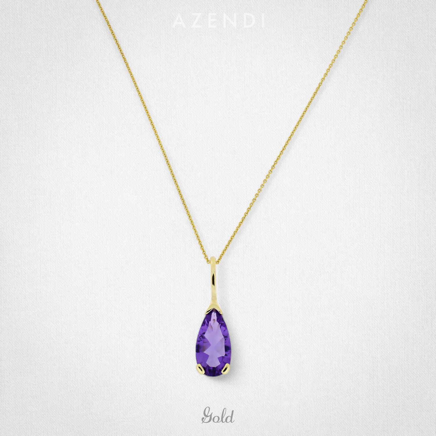 A slender 9 carat gold necklace featuring a teardrop-shaped amethyst pendant with a faceted cut, combining elegant simplicity and refined gemstone detail.