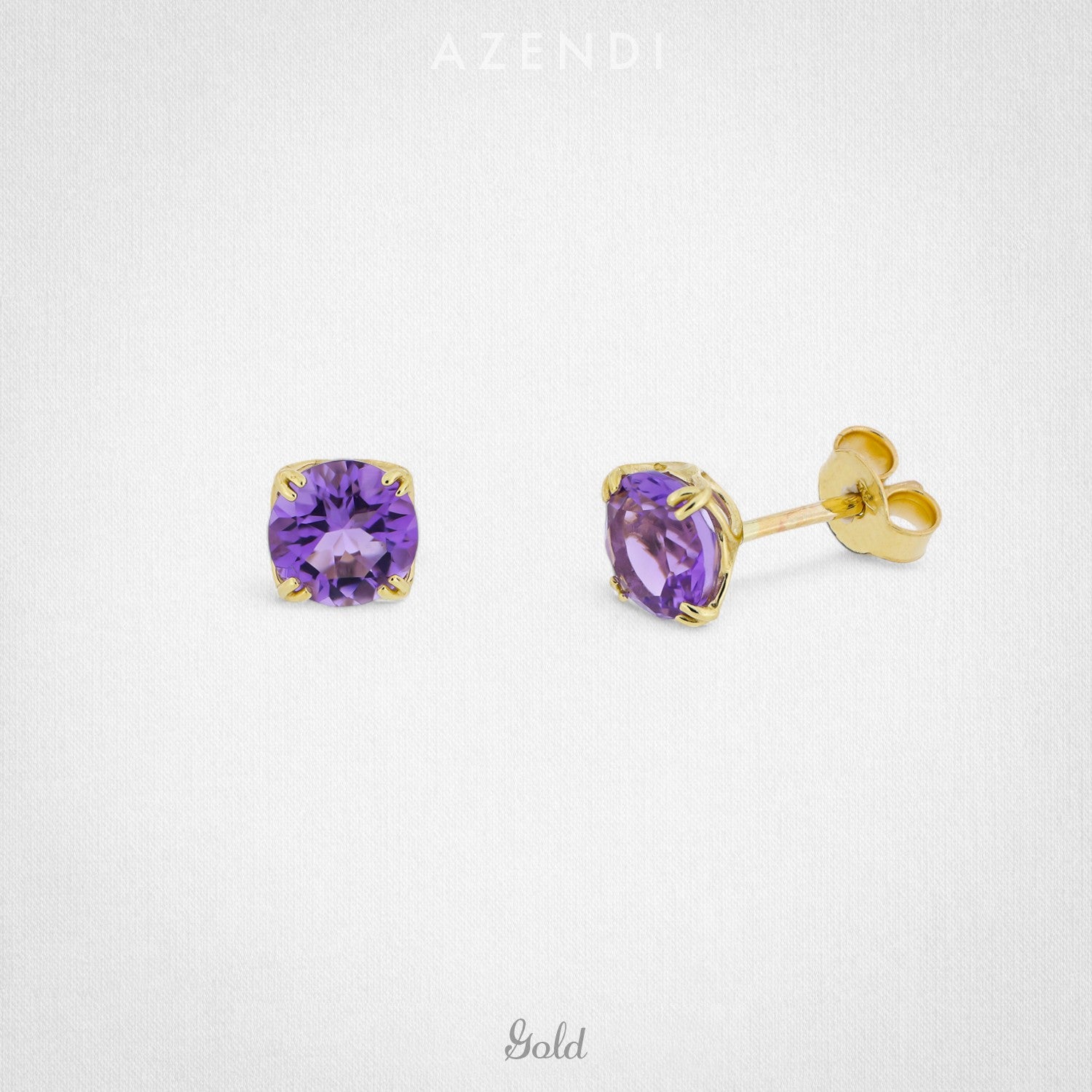 Pair of 9 carat gold stud earrings featuring cushion-cut amethyst gemstones with a polished finish, highlighting a classic and refined solitaire design.