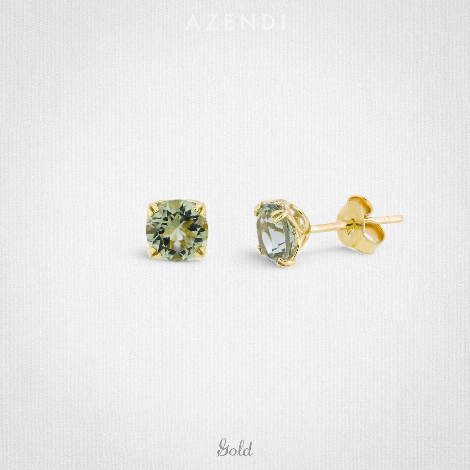 Pair of 9 carat gold stud earrings featuring green amethyst solitaire gemstones set in a polished prong setting, designed for a refined and elegant look.