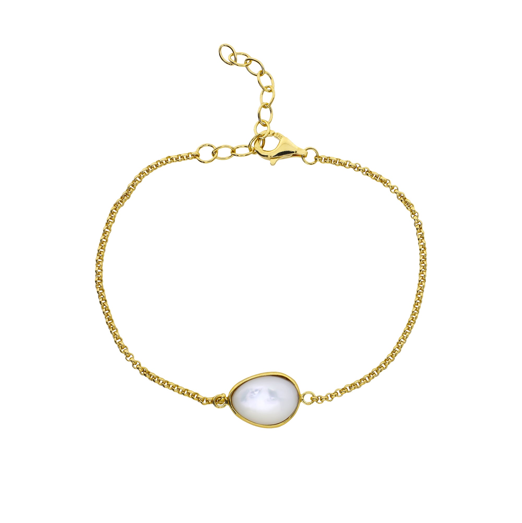 Delicate gold vermeil bracelet featuring a lustrous mother of pearl centerpiece set within a smooth bezel, adjustable chain with lobster clasp closure on a white background.