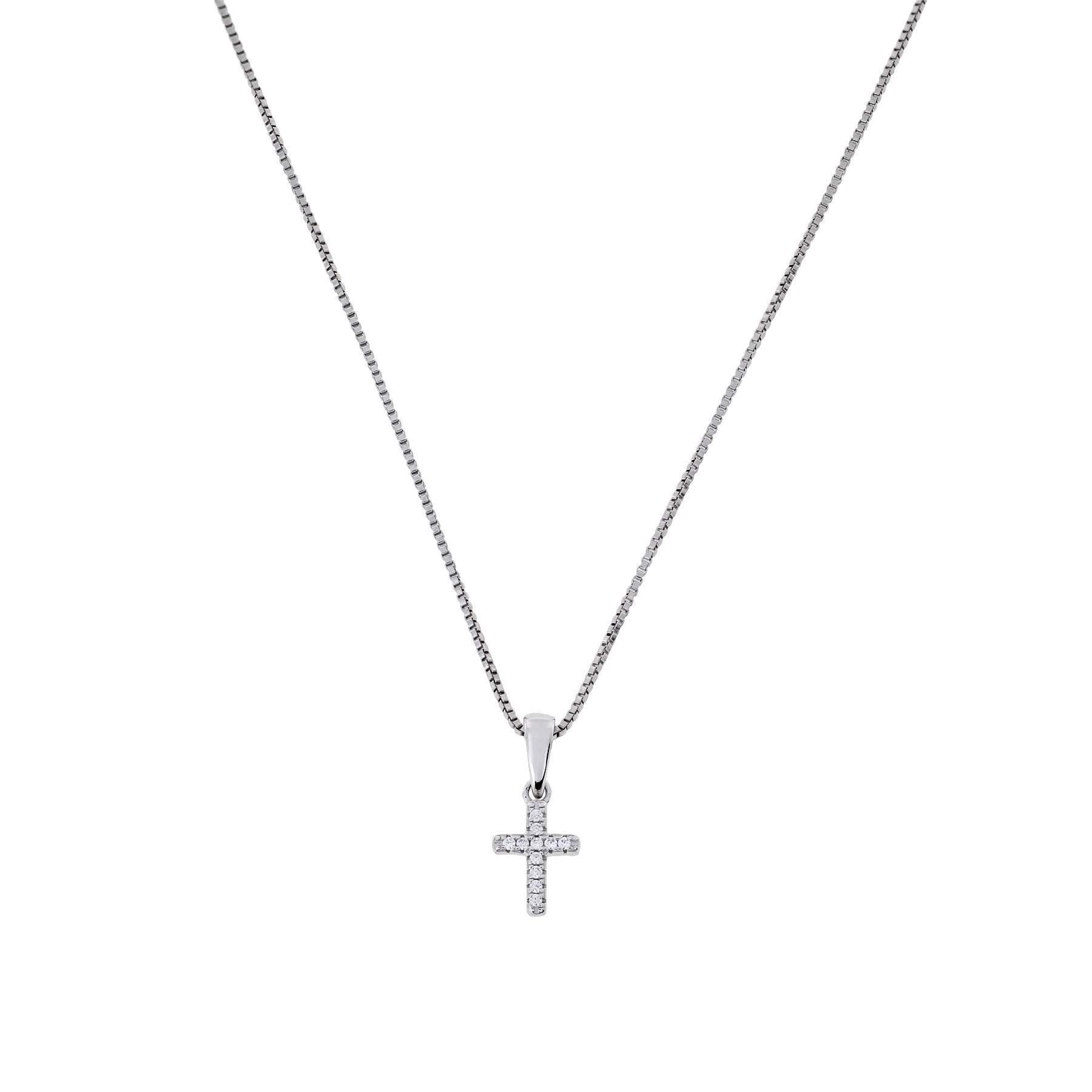 Delicate sterling silver necklace featuring a miniature pavé cross pendant with sparkling stones, combining modern elegance with subtle religious symbolism.