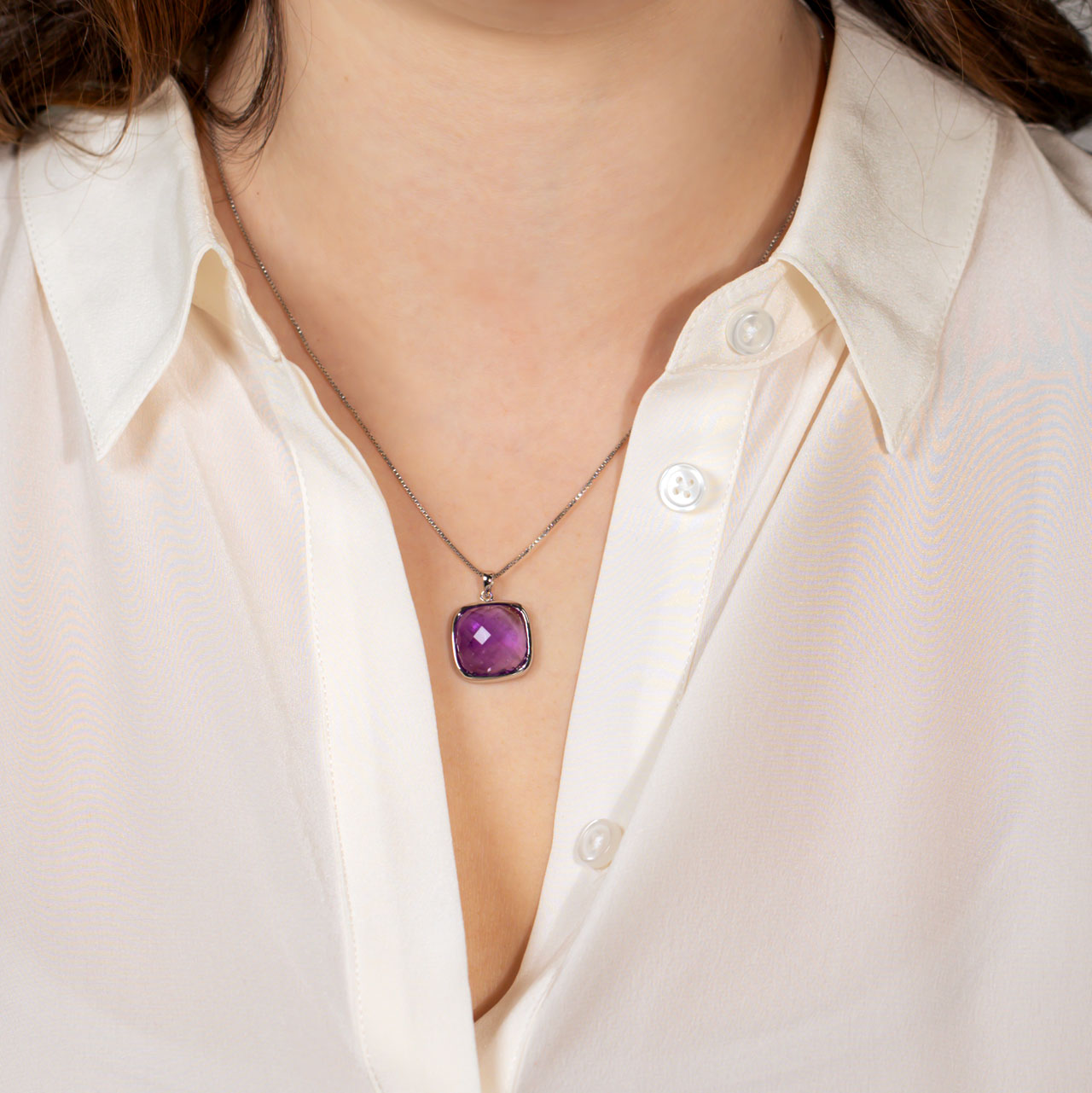 Sterling Silver Checker Cut Amethyst Pendant
