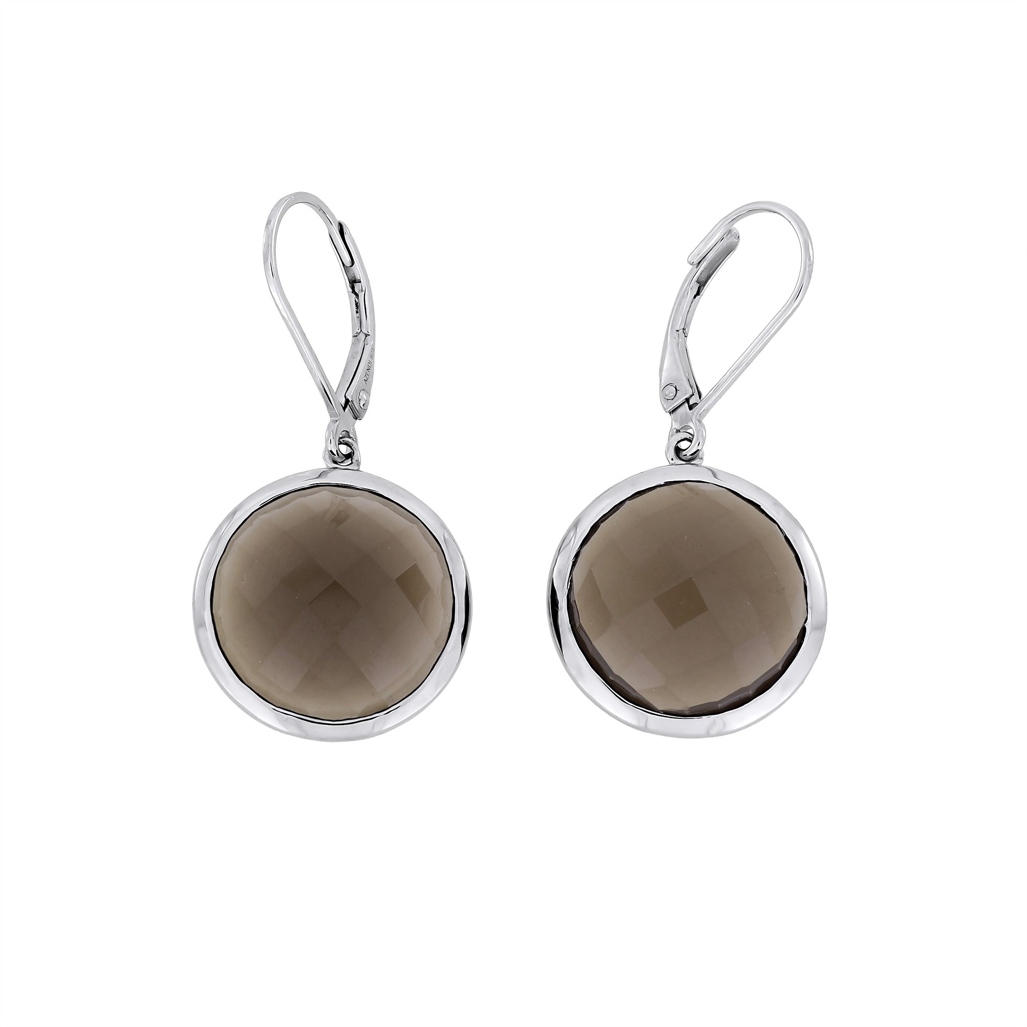 Pair of sterling silver drop earrings featuring round checker cut smoky quartz stones measuring 1.5cm, designed with secure lever-back clasps for elegant wear.