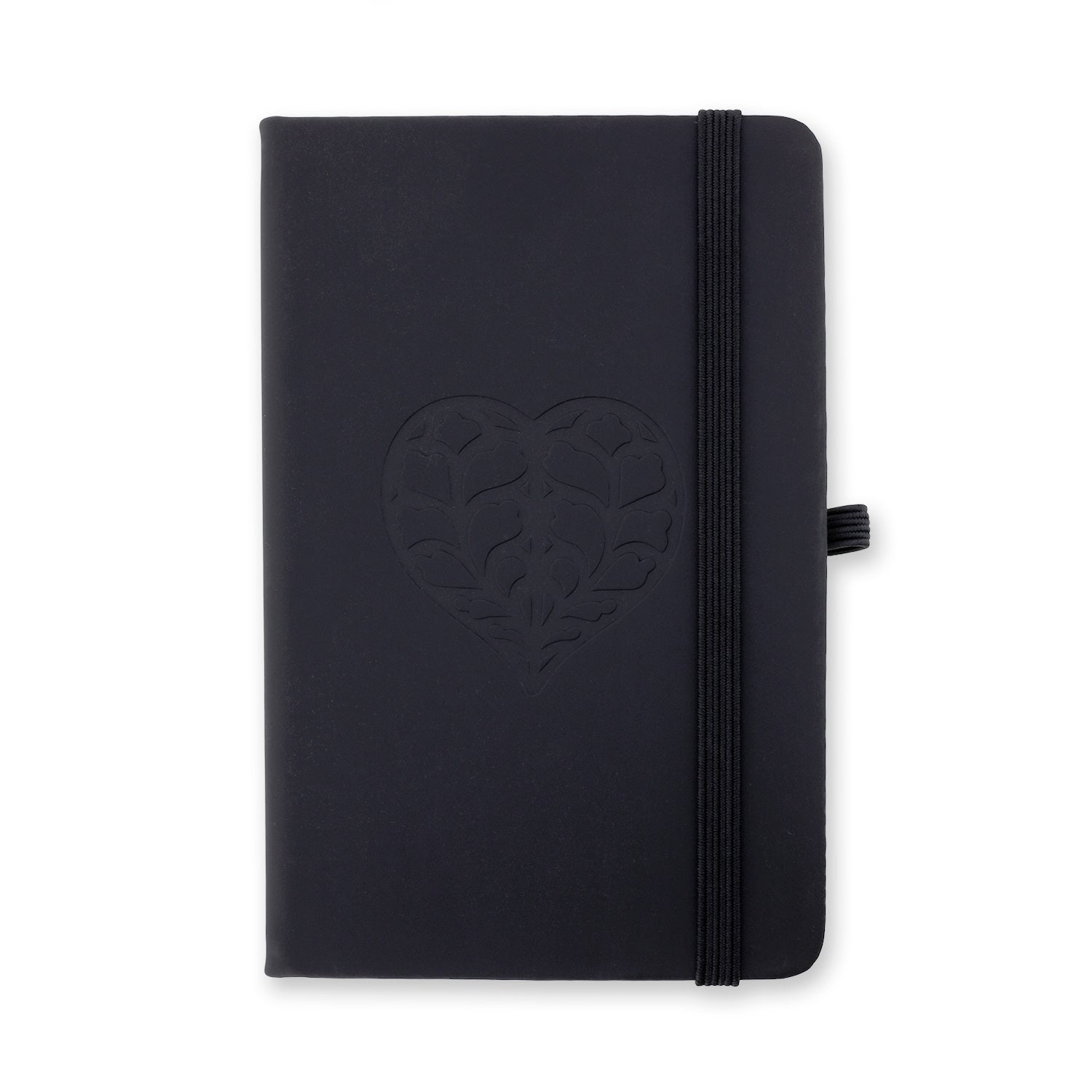 Black A6-sized notebook featuring a subtle embossed heart design on the cover, secured with an elastic band and equipped with a pen loop for convenience.