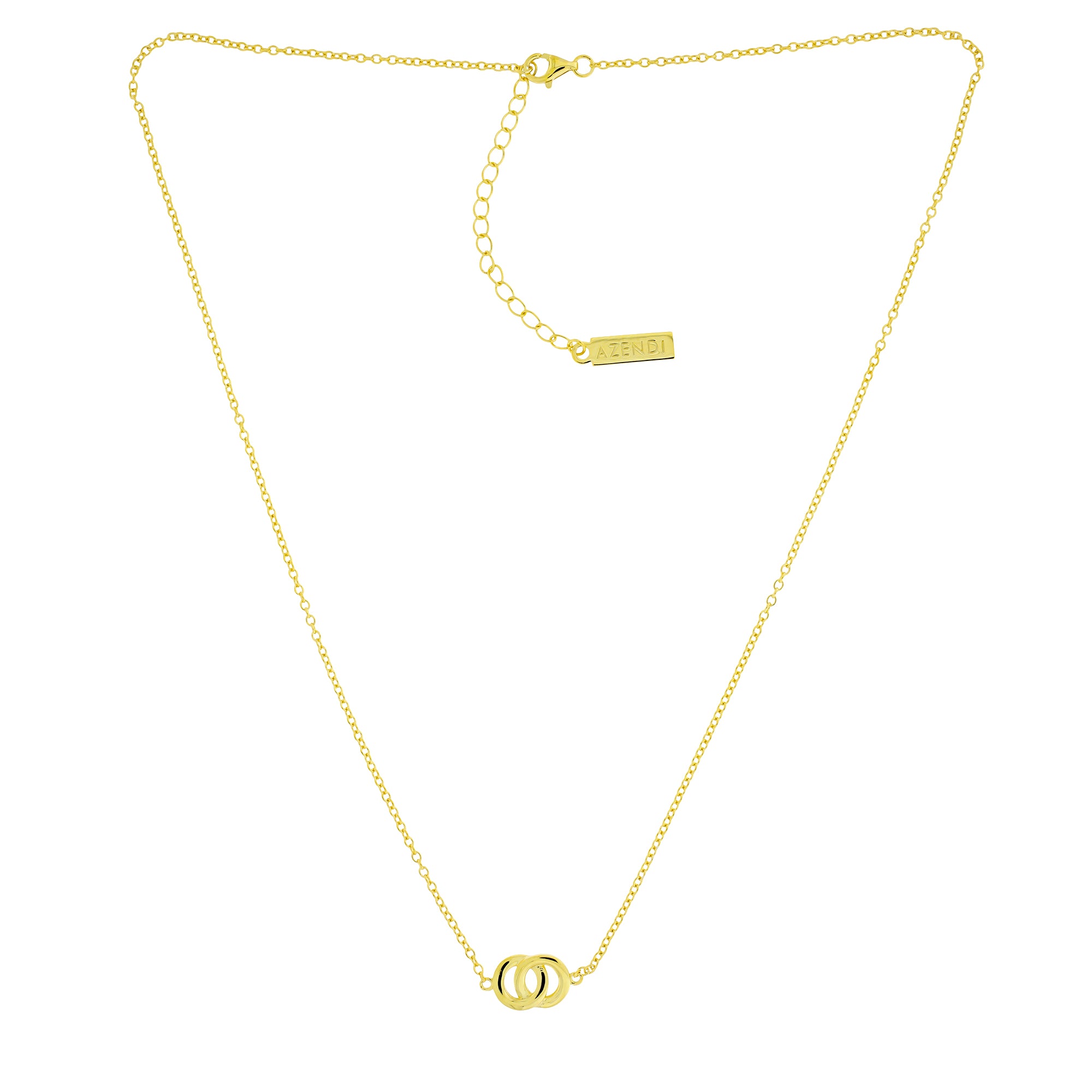 Gold vermeil necklace featuring two interlocking circles on a slender adjustable chain, showcasing a modern and elegant design by an award-winning British jeweller.