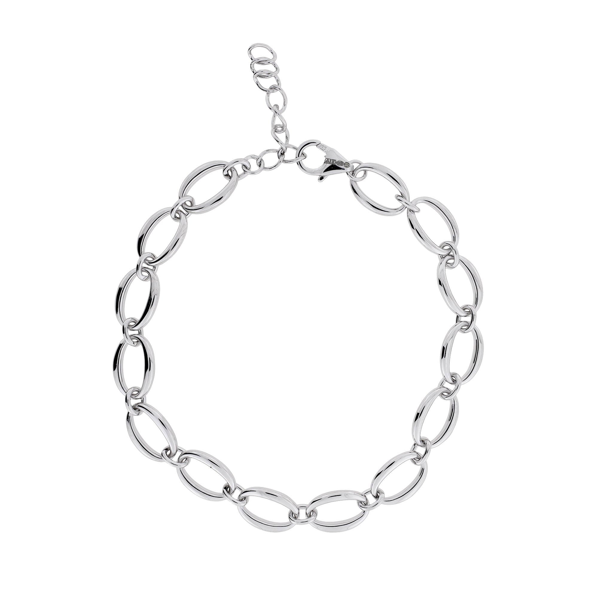 Sterling silver linked bracelet featuring polished open oval links connected by small rings, finished with a secure lobster clasp and adjustable extension chain.
