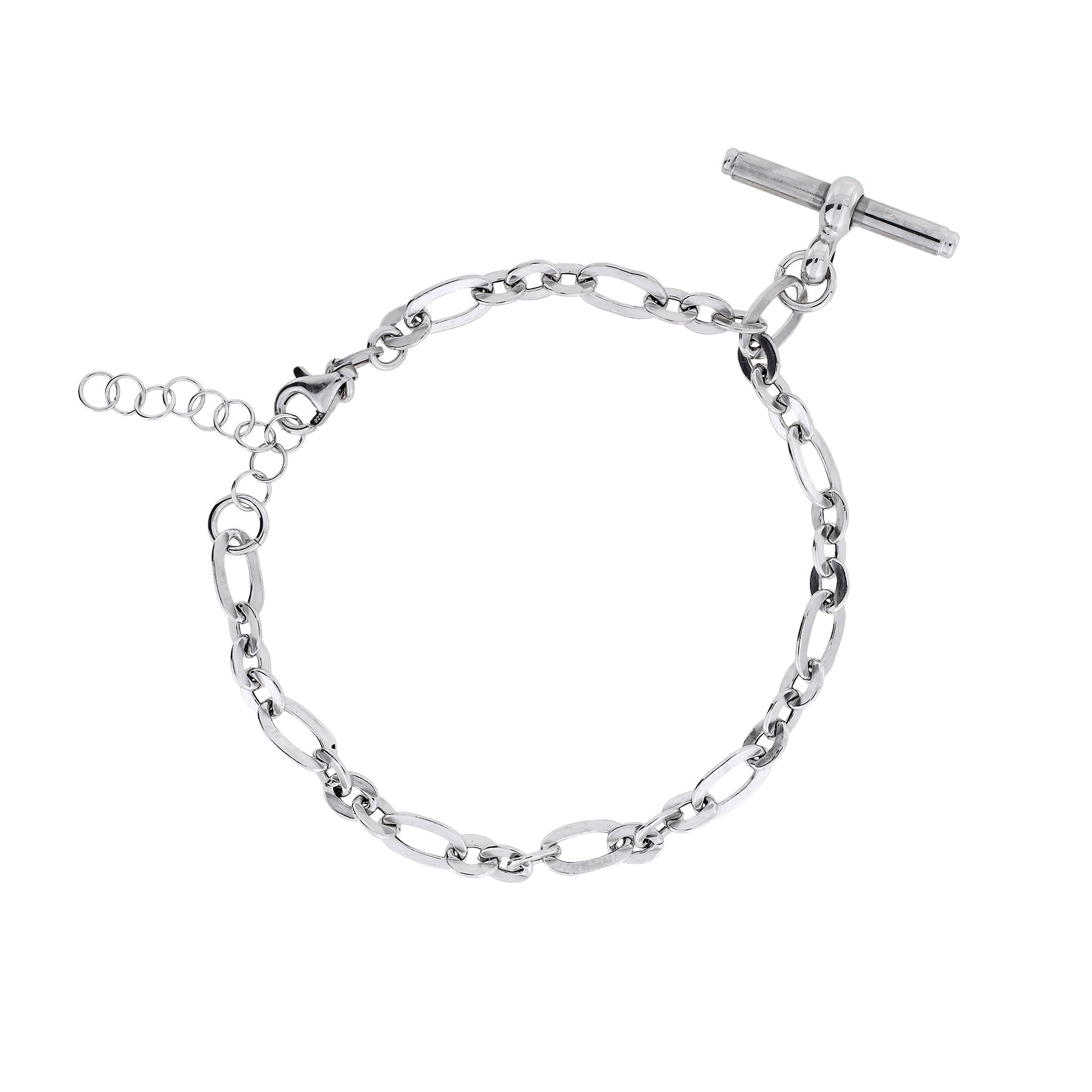 Delicate sterling silver linked bracelet featuring mixed oval and round links with a hanging T-bar clasp, combining classic charm with contemporary British design.